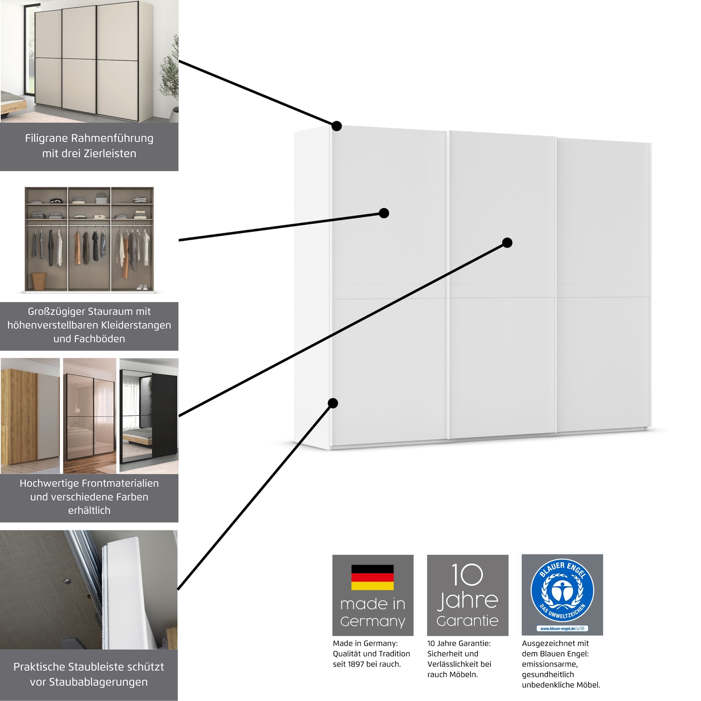 rauch Schwebetürenschrank »Kleiderschrank Schrank Garderobe Schlafzimmerschrank SCALE-DUO«, edle zweigeteilte Türen Glas-Front mit 3 Zierleisten MADE IN GERMANY
