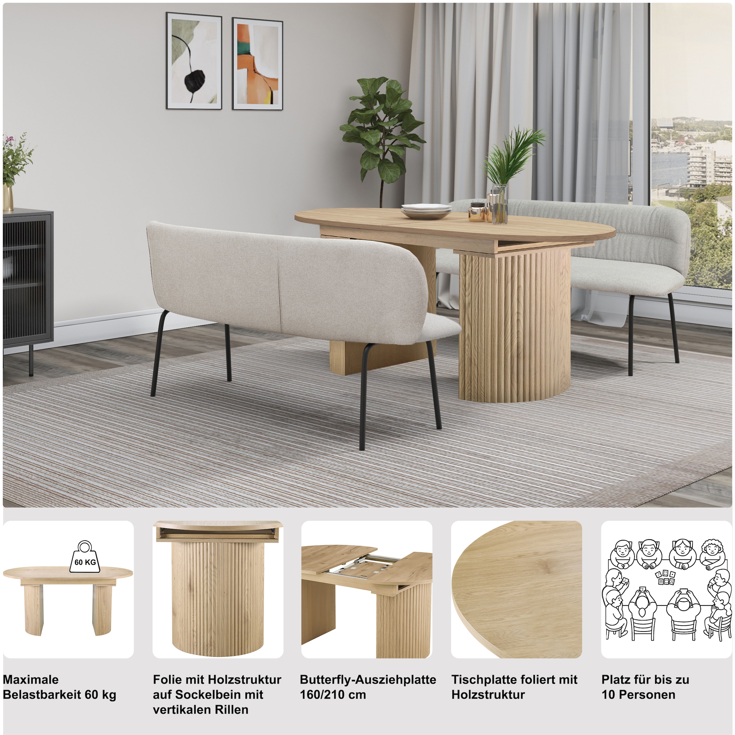 OTTO home Esstisch »Gartempe« ausziehbar 160-210 cm, Synchronauszug, inkl Einlegeplatte, Breite 90cm