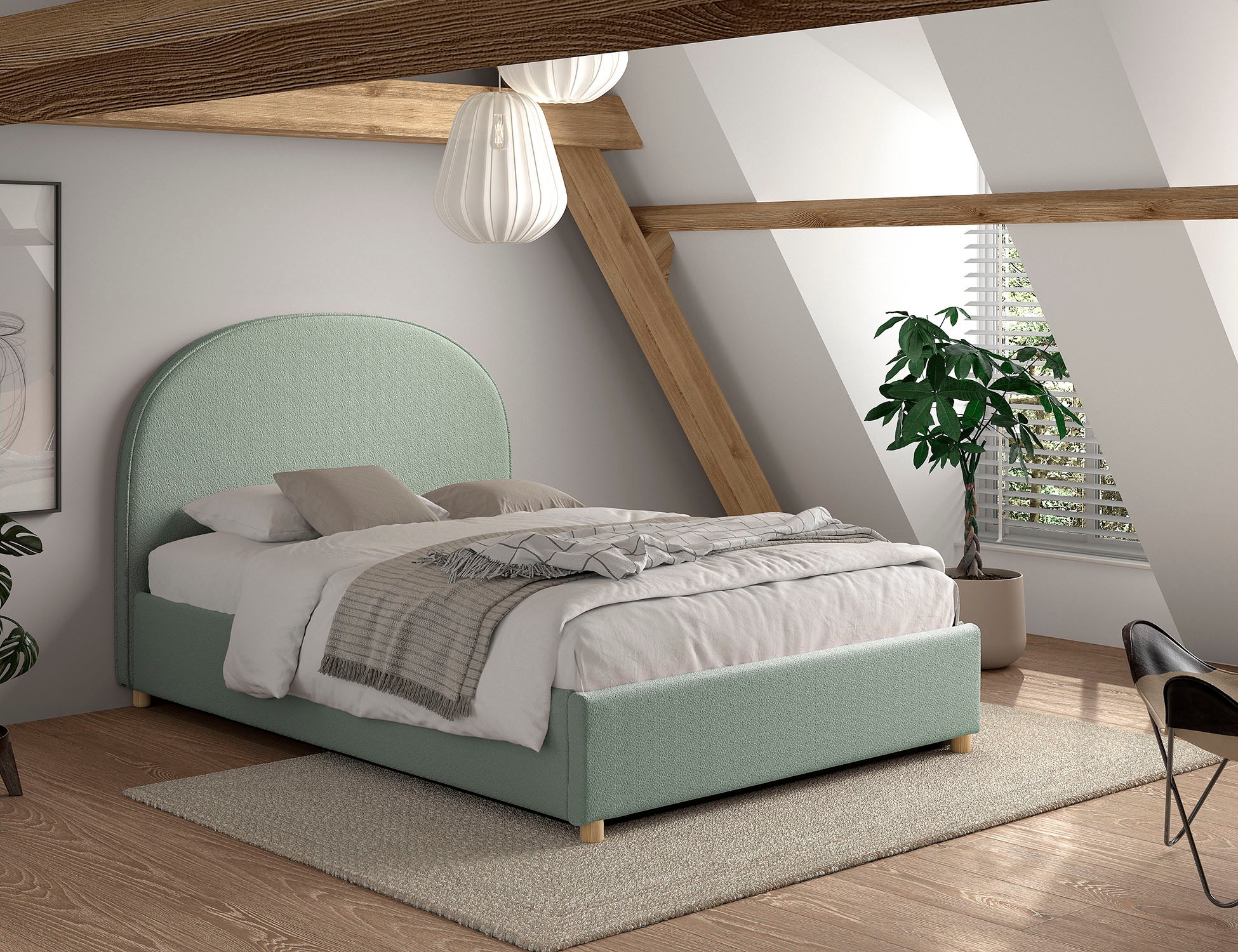 Vipack Boxbett »Moon, mit Lattenrost und Stauraum, modernes Design«, (gerundetes Kopfteil und in 2 Breiten erhältlich), inkl. Massivholz Füßen in natur, 3 Stoff Farben zur Auswahl