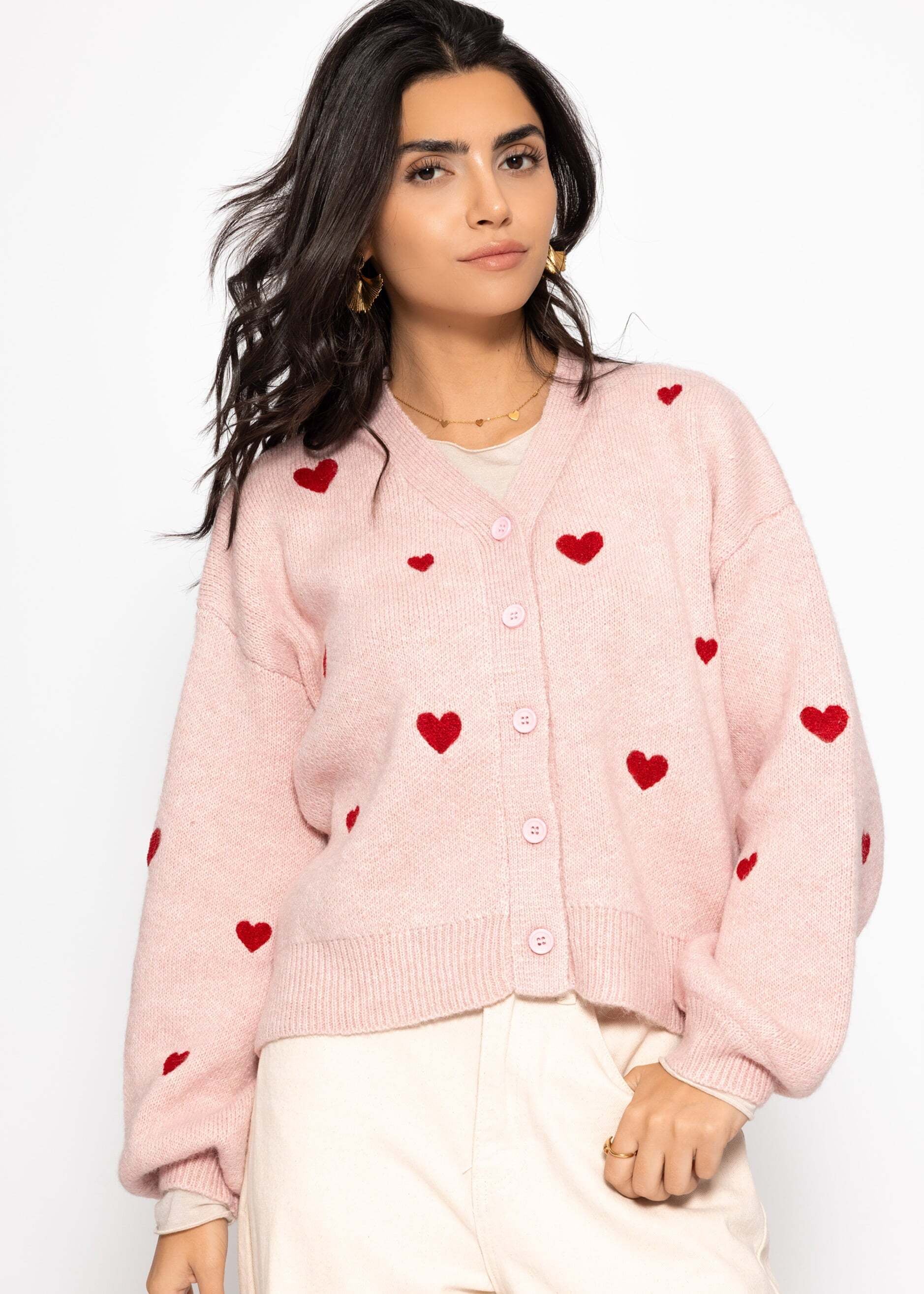 SASSYCLASSY Cardigan »Cardigan mit Herzen« Weiche Strickjacke mit V-Ausschnitt und Knopfleiste Offwhite Rosa