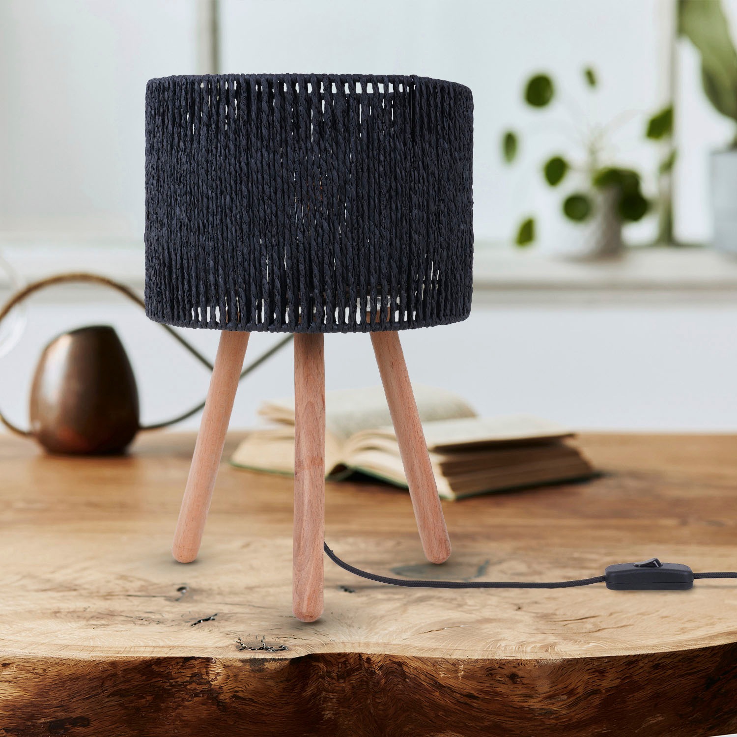 Paco Home Tischleuchte »PITA«, Leuchtmittel E27 | ohne Leuchtmittel, Nacht Schreib Lampenschirm Boho Holz Stativ E27