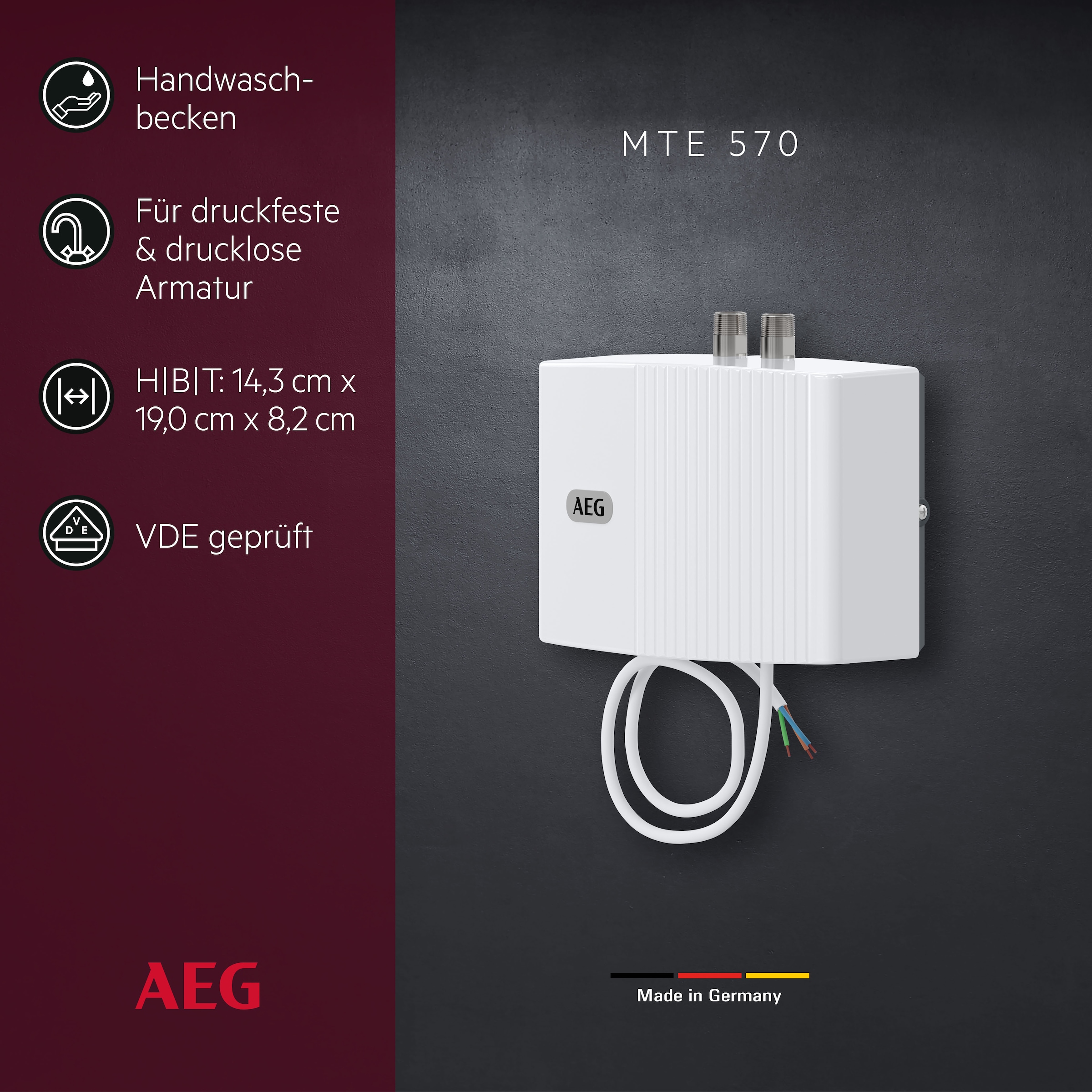 AEG Haustechnik Klein-Durchlauferhitzer »MTE 570 f. Handwaschbecken, 5,7 kW, o. Stecker« Festanschluss 230V, elektronisch, druckfest + drucklos