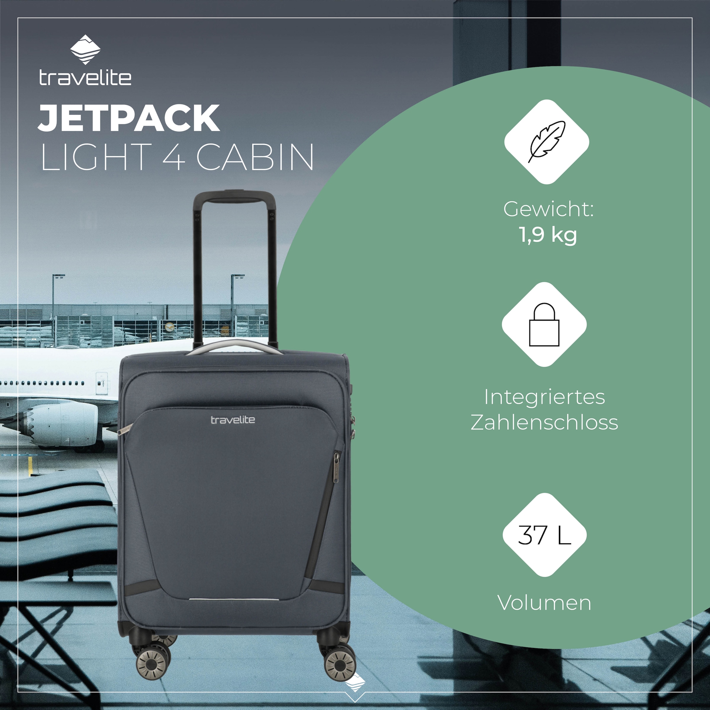 travelite Handgepäck-Trolley »JETPACK Multi Light 4 Cabin, konzipiert für Condor & Ryanair« 37 l 4 Rollen Weichgepäck-Koffer Handgepäck für die meisten gängigen Airlines