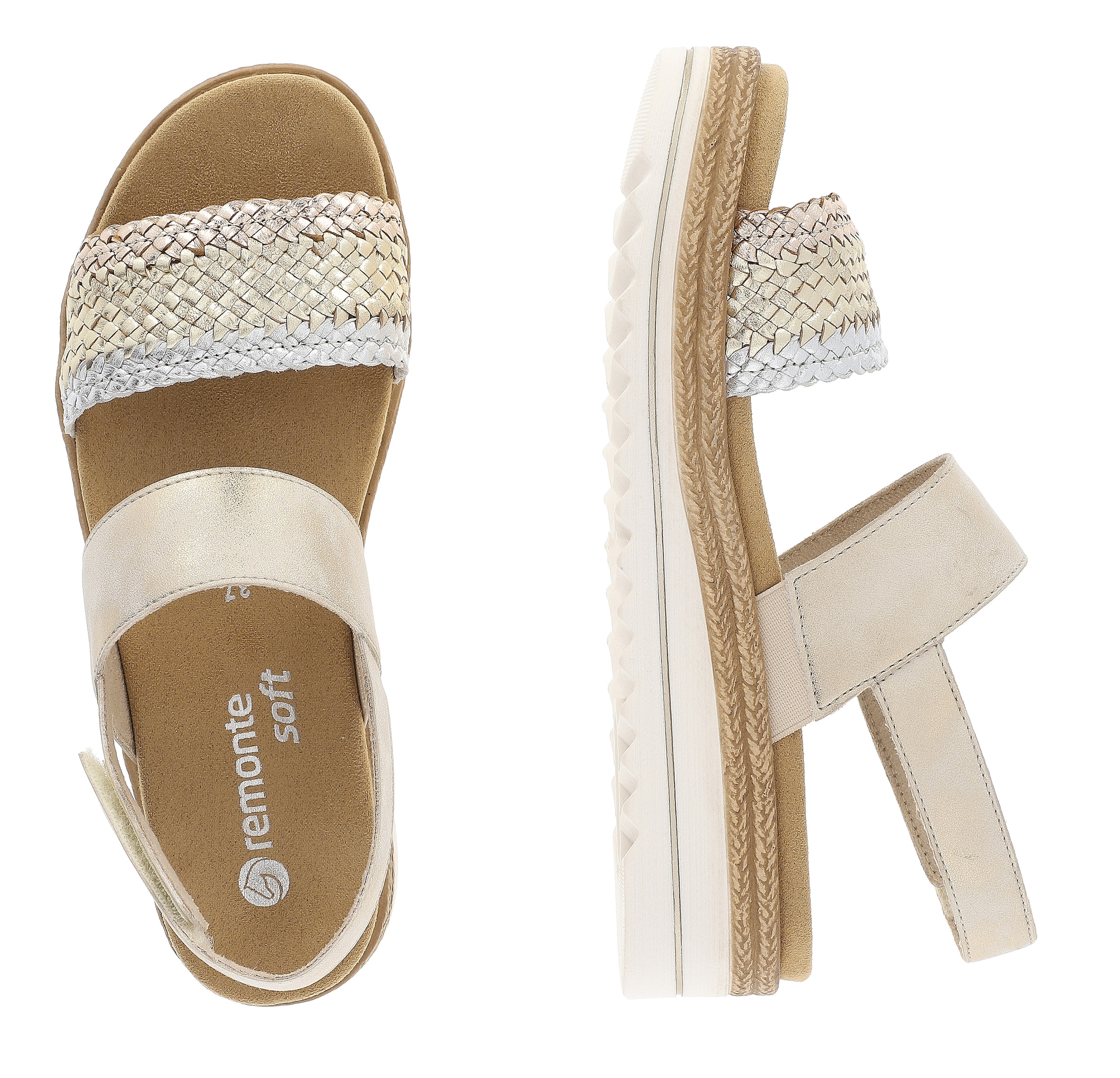 Remonte Keilsandalette »ELLE-Collection«, Sommerschuh, Sandale, Keilabsatz, mit Flechtbandage im Metalliclook