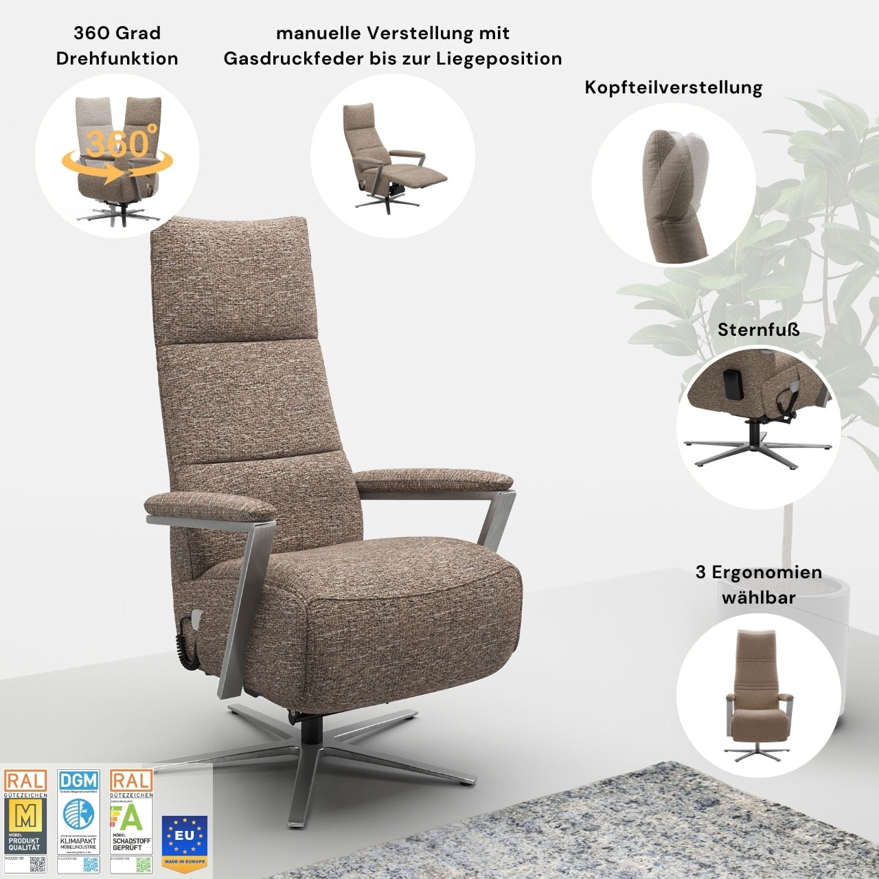 sit&more TV-Sessel »Vario Comfort, inkl. Kopfteilverstellung & 360 Grad Drehfunktion«, inkl. Herz-Waage-Funktion & 3 Motoren, Höhe der Armlehnen 62cm