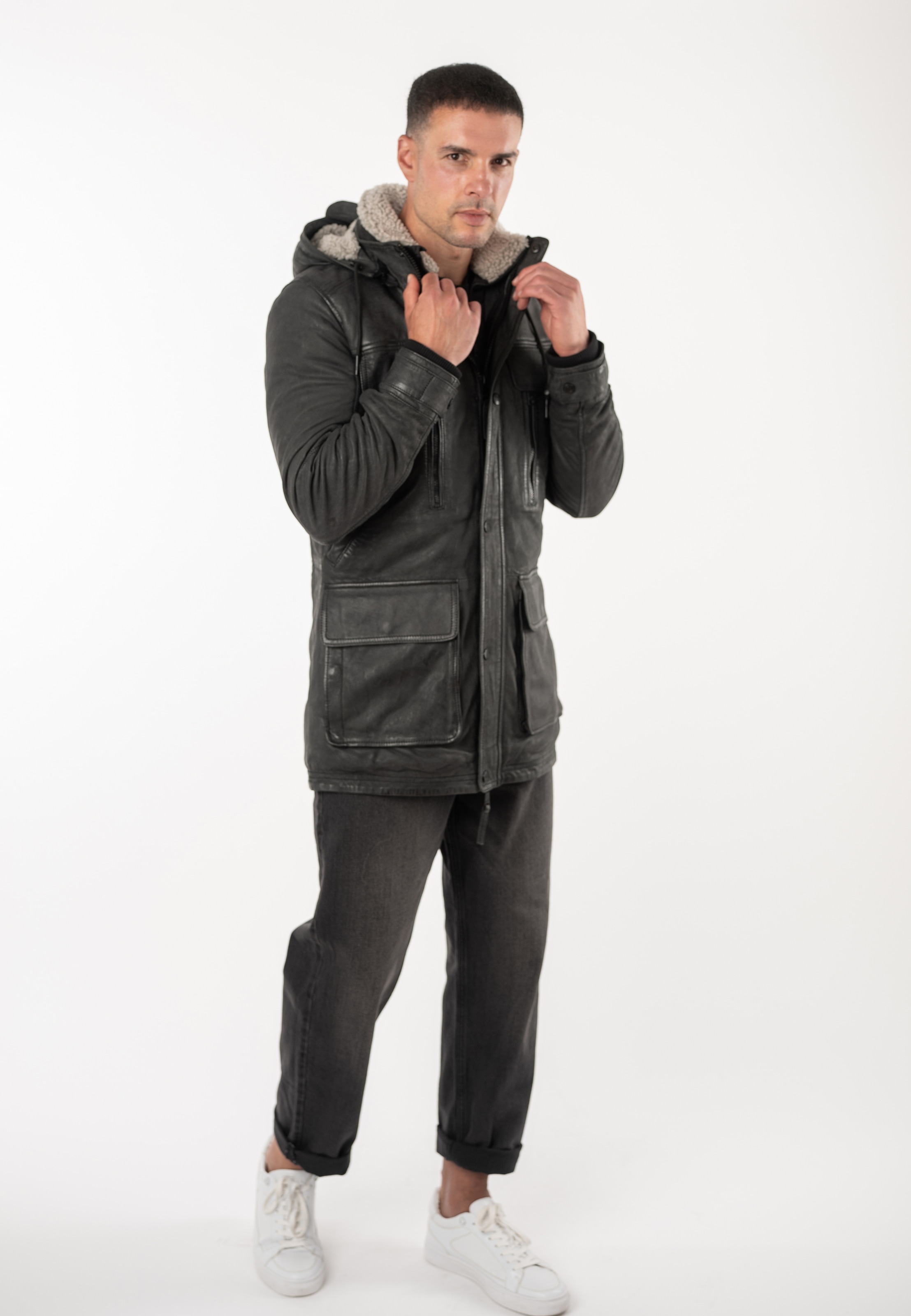 Mauritius Parka »MMUnimak« mit Kapuze aus Leder mit textilen Details