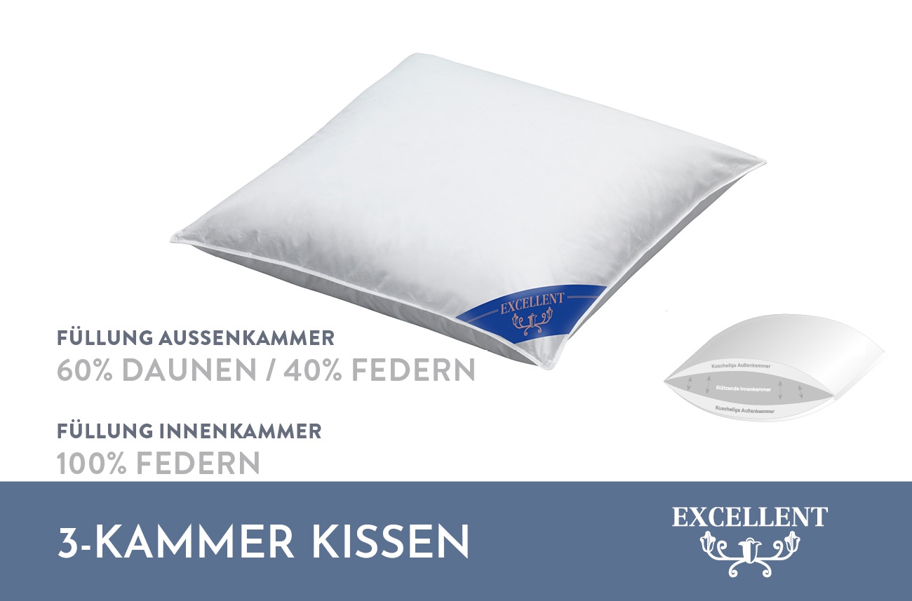 Excellent 3-Kammer-Kopfkissen »Wien«, Füllung: 60% Daunen / 40% Federn (Außenkammern) und 100% Federn (Innenkammer), Bezug: 100% Baumwolle, (1 St.), Kopfkissen in 40x80 und 80x80 erhältlich