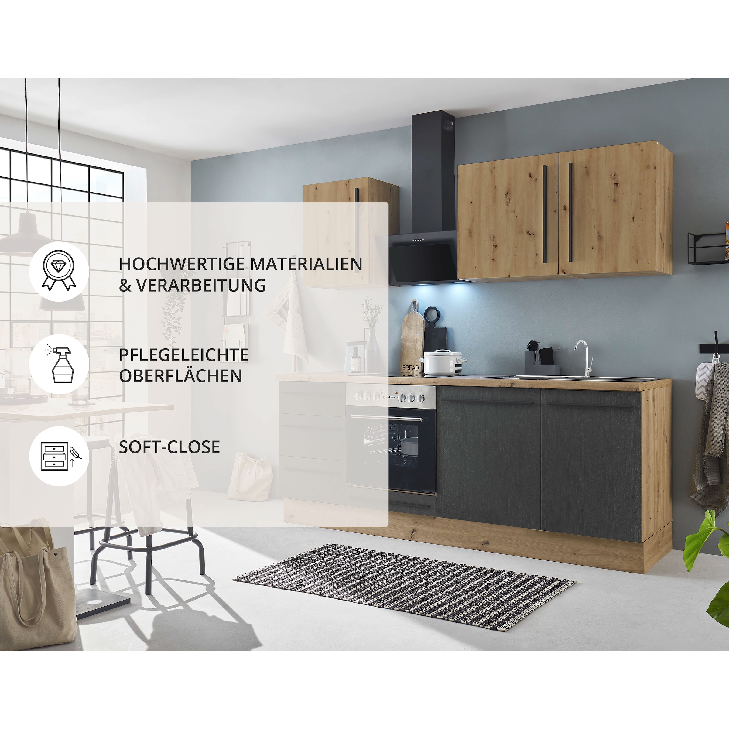 KOCHSTATION Küchenzeile »KS-Florida mit 38mm starker Arbeitsplatte«, Breite 220 cm, wahlweise mit E-Geräten, Soft-Close-Funktion
