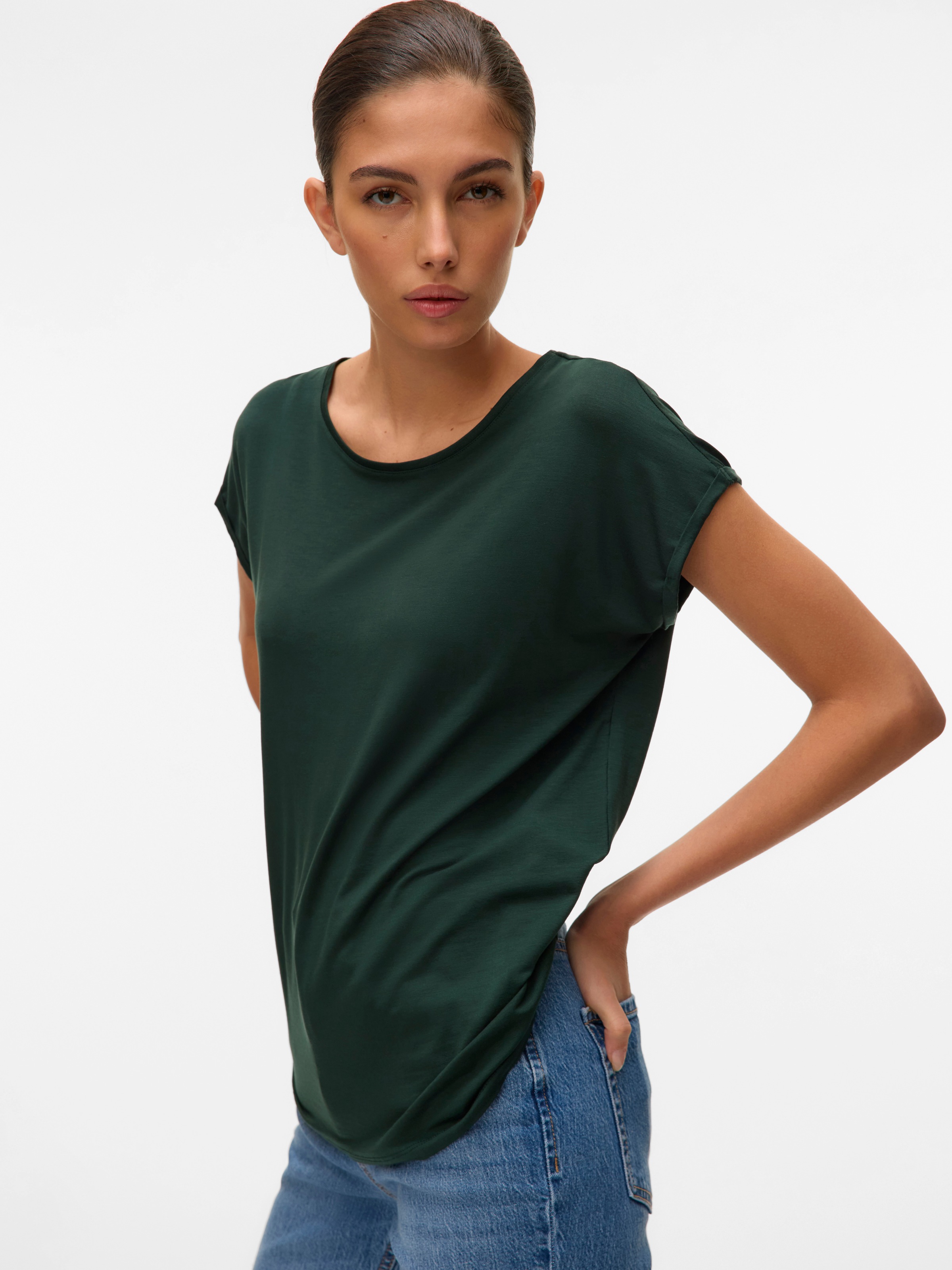Vero Moda Rundhalsshirt »VMAVA PLAIN SS TOP GAJRS NOOS« Materialmix, regular fit