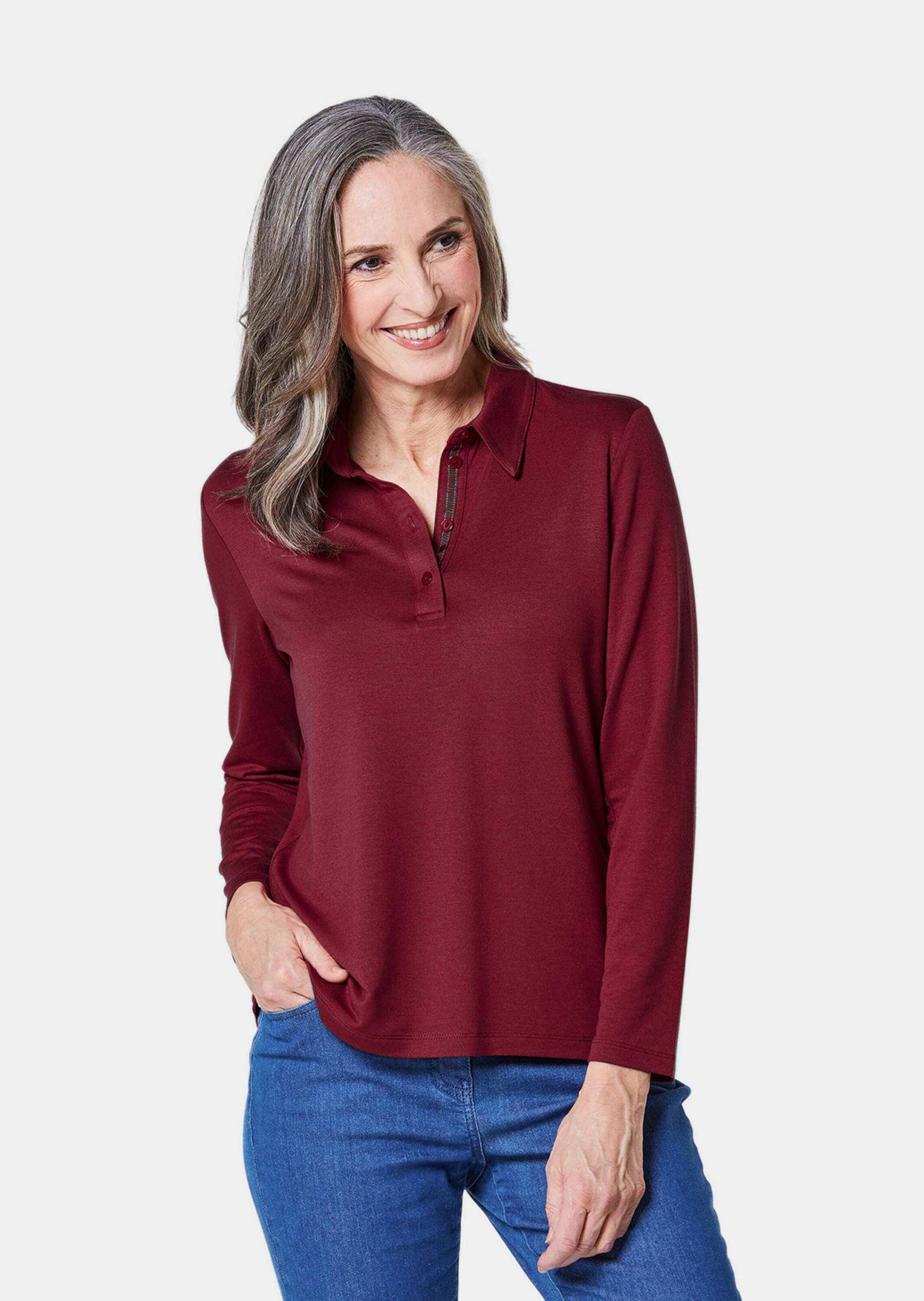 GOLDNER Poloshirt »Poloshirt Langarm Poloshirt mit Schmuckband an Knopfleiste«