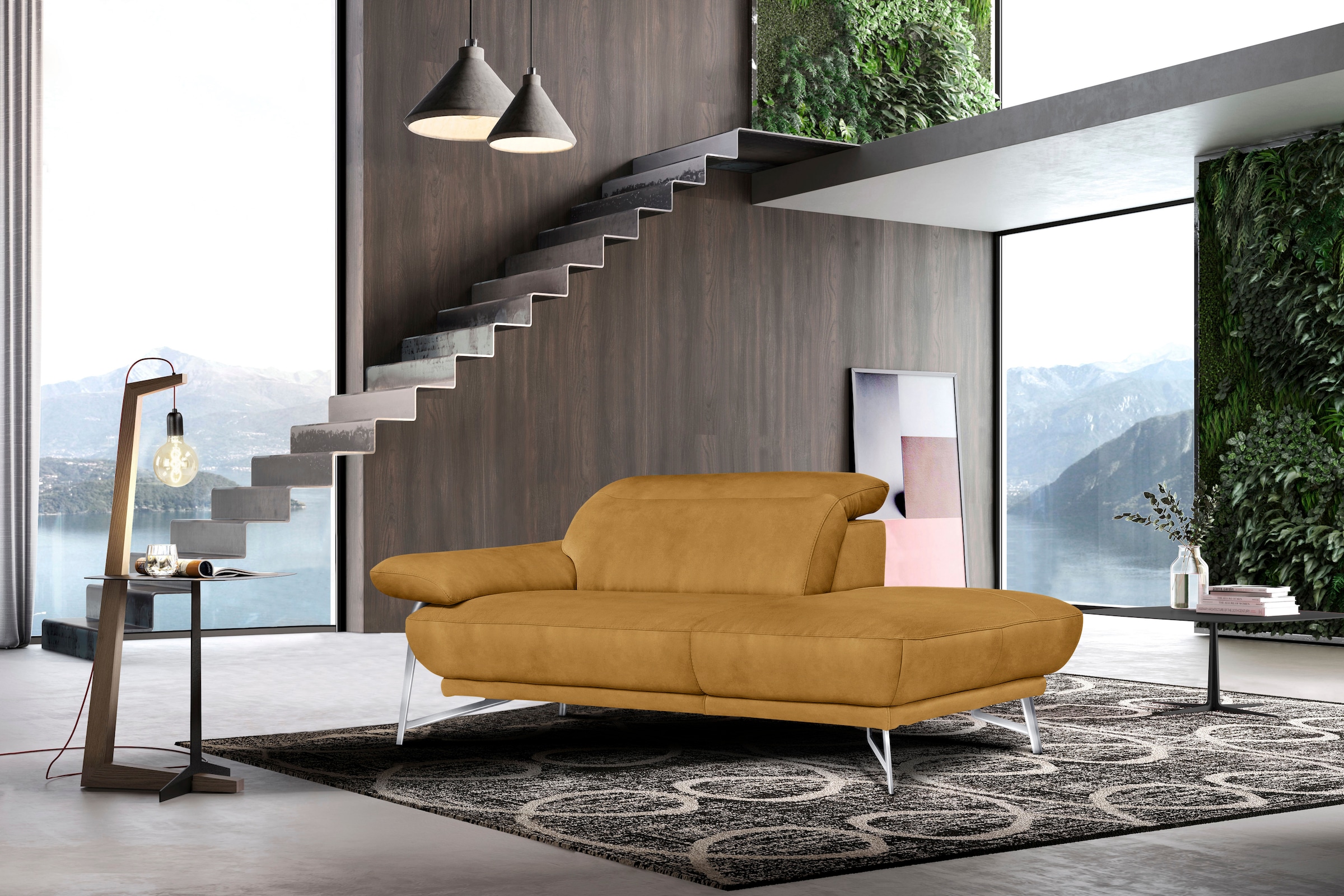 Egoitaliano Ottomane »Anais, erstklassiges Designsofa, Breite 179 cm, Fußfarbe chrom« Kopfteil verstellbar, Luxus-Microfaser Lederoptik, gelb