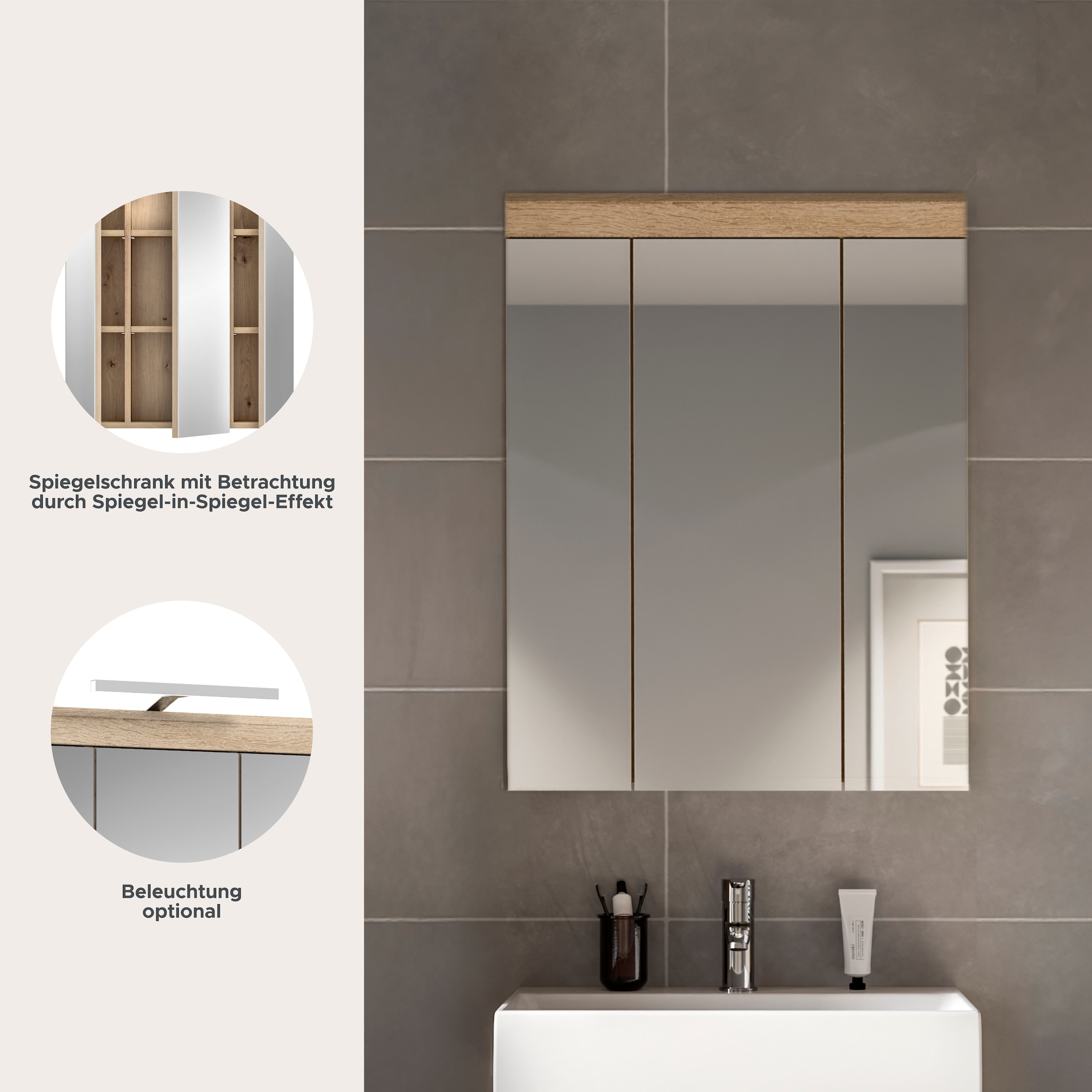 welltime Badezimmerspiegelschrank »SIENA, Breite 60cm, 3 Spiegeltüren, 9 Fächer, 6 Einlegeböden« TOPSELLER!, 1 Stk. tlg. in verschiedenen Farben erhältlich, Badmöbel, Spiegel, Badschrank, Bad