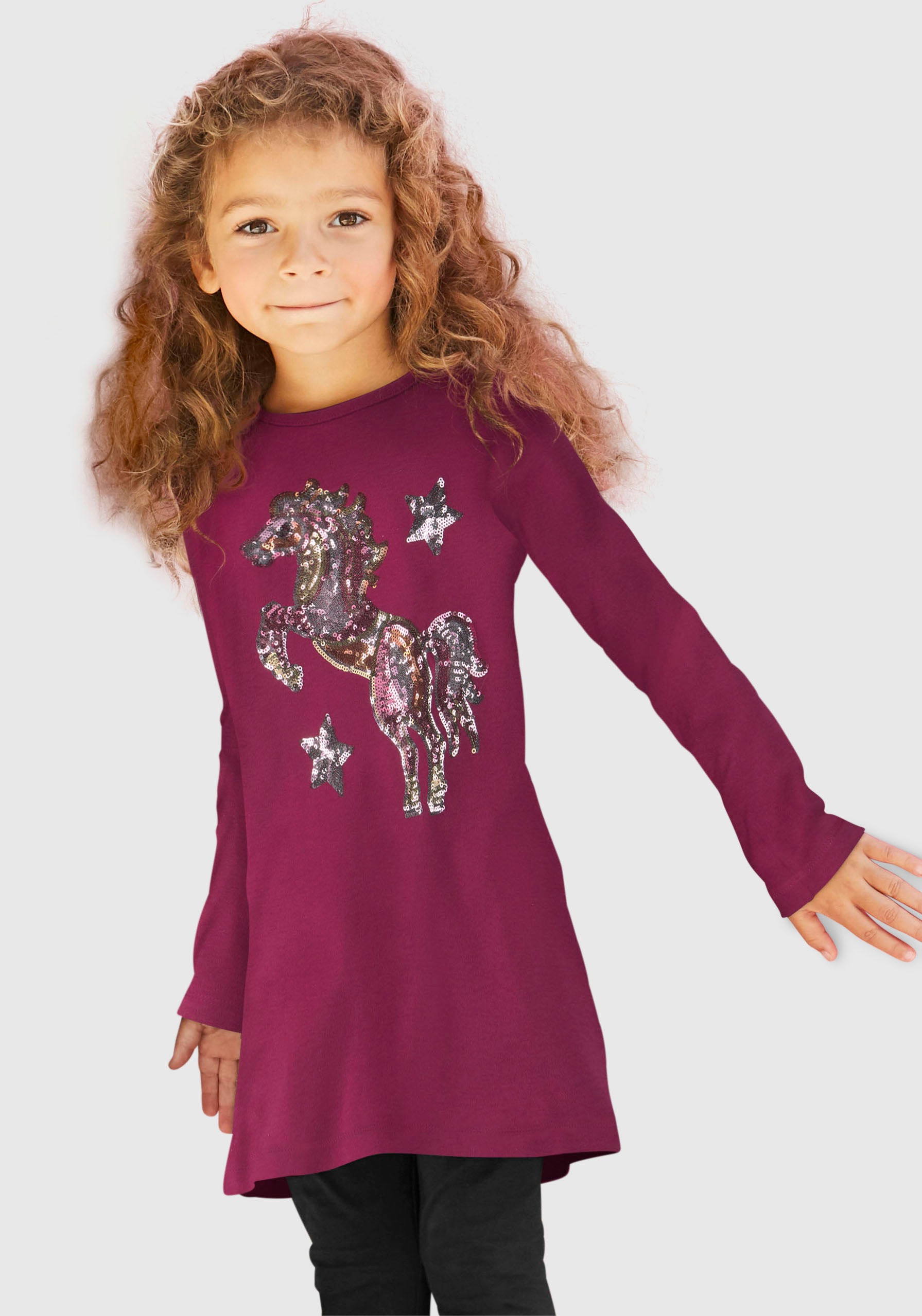 KIDSWORLD Langarmshirt, in langer Form mit schönem Pferdemotiv aus Pailletten