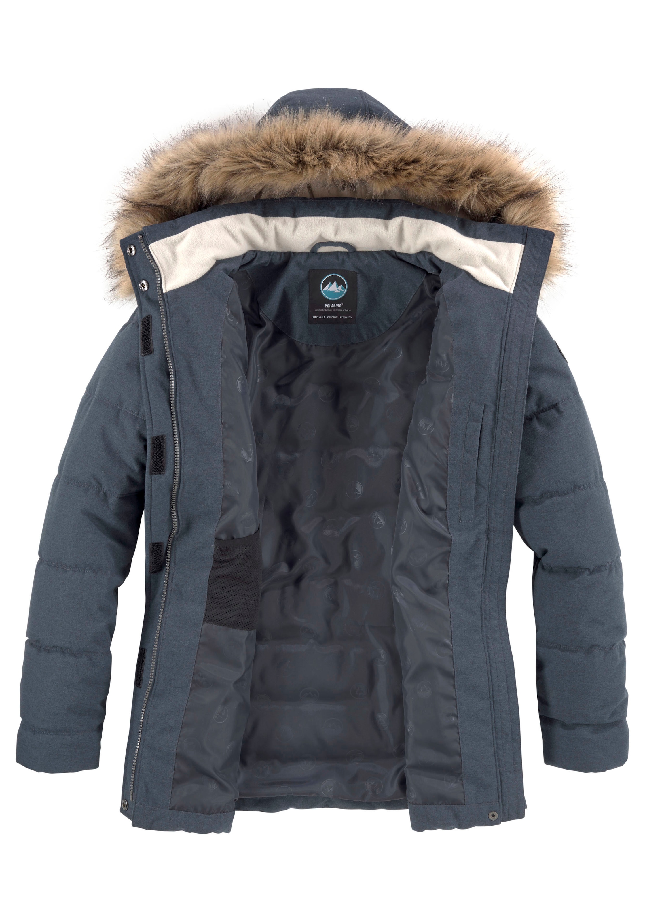 Polarino Steppjacke, mit Kapuze, mit abnehmbarer Kapuze, mit Fellimitat, viele Taschen