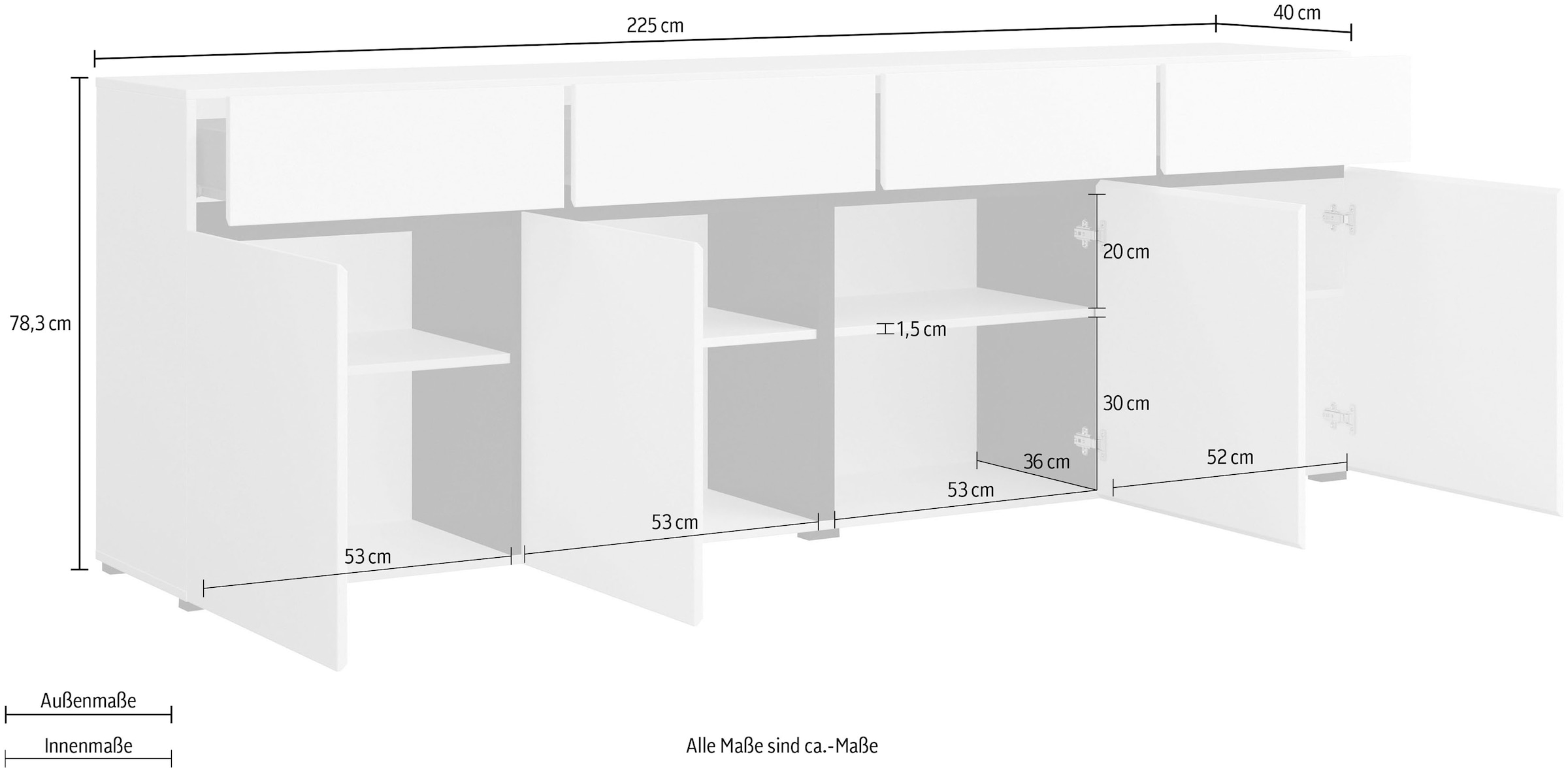 INOSIGN Sideboard »Cross,Breite 225 cm, moderne grifflose Kommode,4 Türen/4 Schubkästen«, Schubladenschrank mit viel Stauraum, Einlegeböden verstellbar