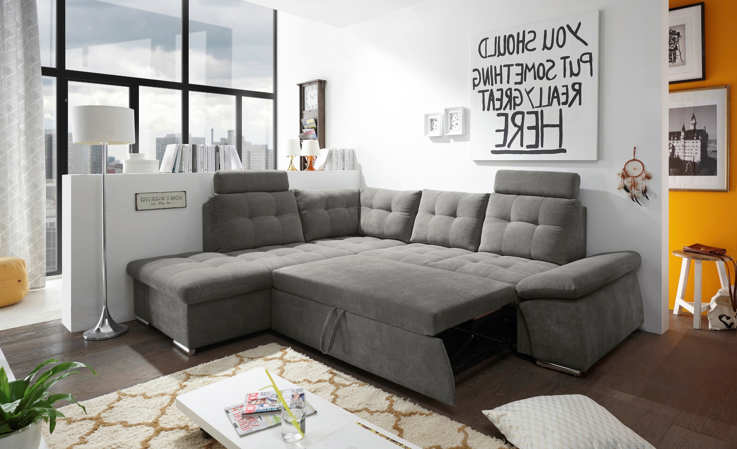 ED EXCITING DESIGN Ecksofa »Nalo L-Form«, mit Bettfunktion, Armteilverstellung, Kopfstützen & 2 Nierenkissen
