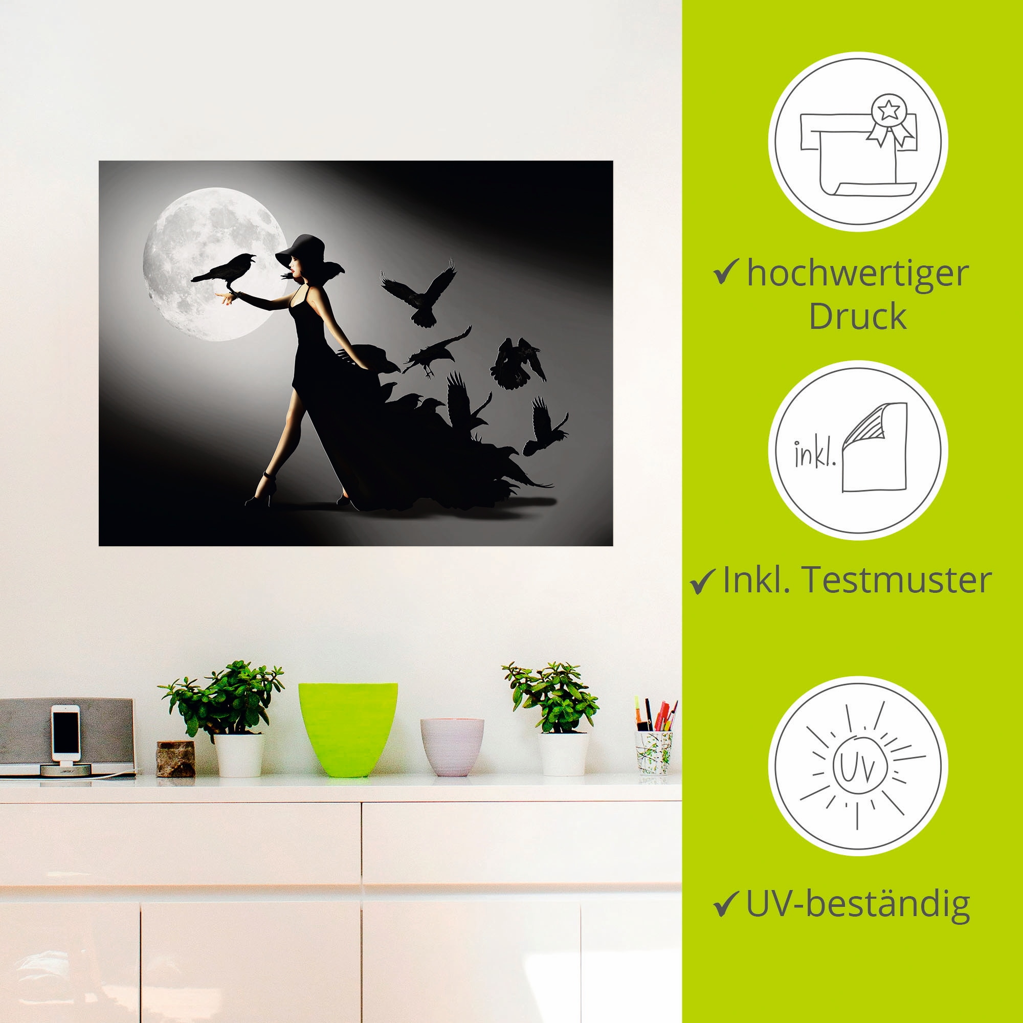 Artland Wandbild »Die Frau mit den Raben«, Animal Fantasy, (1 St.), als Alubild, Outdoorbild, Leinwandbild, Poster, Wandaufkleber