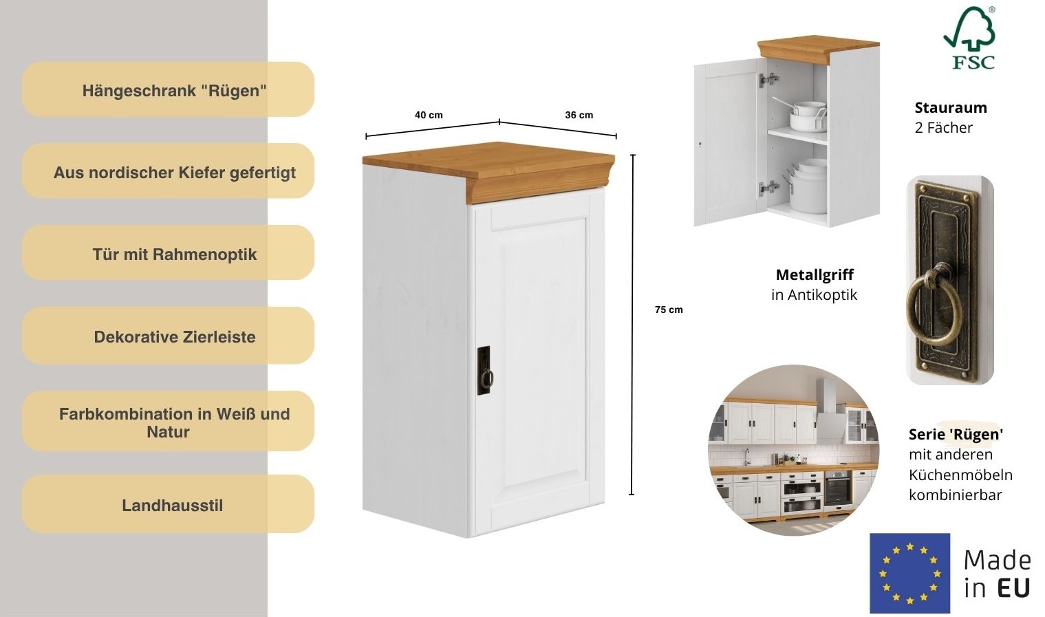 Home affaire Hängeschrank »Rügen«, Breite 40 cm, FSC® zertifiziertes Massivholz, 1 Tür, 1 Einlegeboden