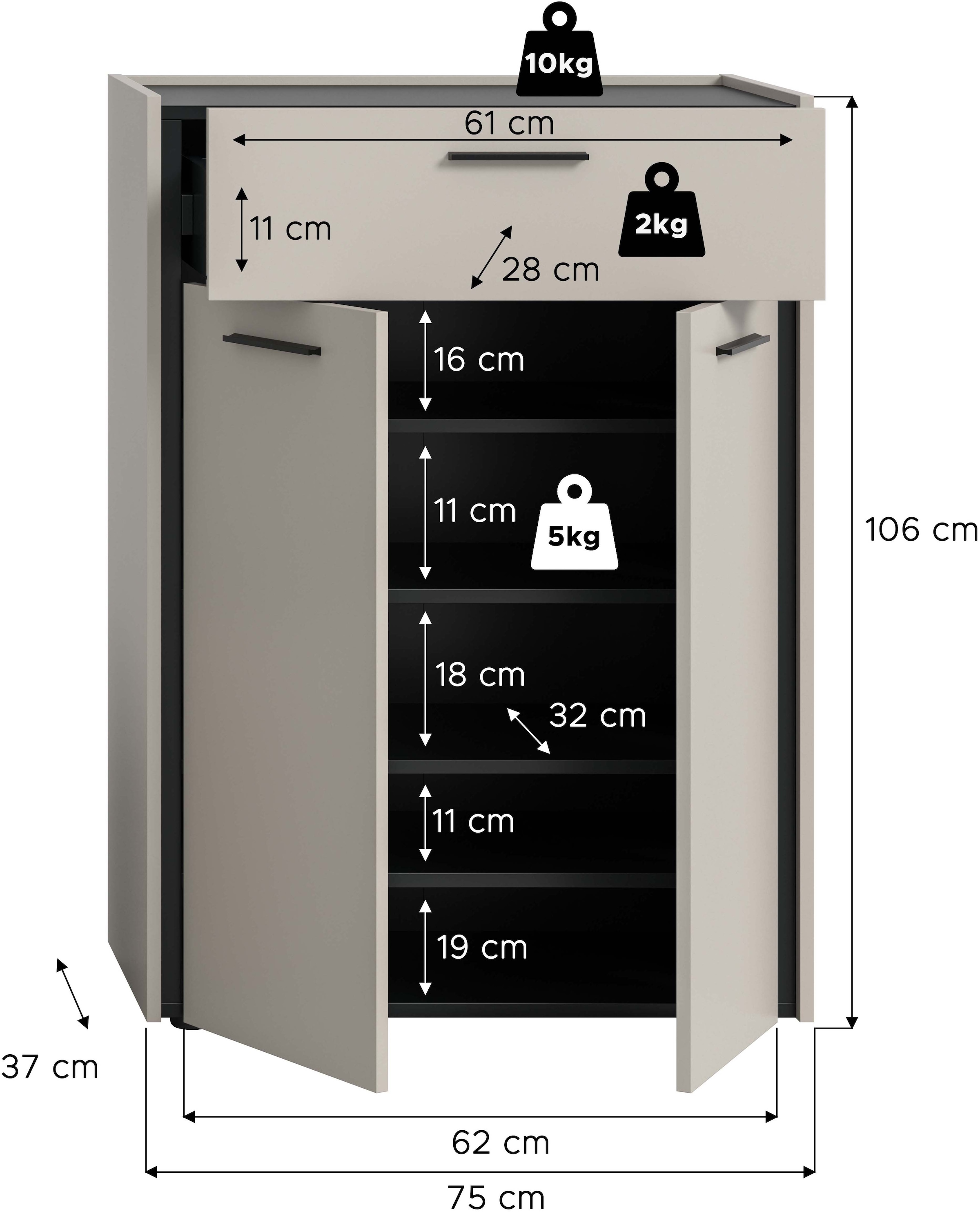 Home affaire Schuhkommode »RAK, Breite 75 cm, viel Stauraum, 2 Türen, 5 Fächer, 1 Schubkasten« bietet Platz für ca. 25 Schuhe,  Kommode, Schuhschrank, Garderobenschrank, Schrank, Flurschrank