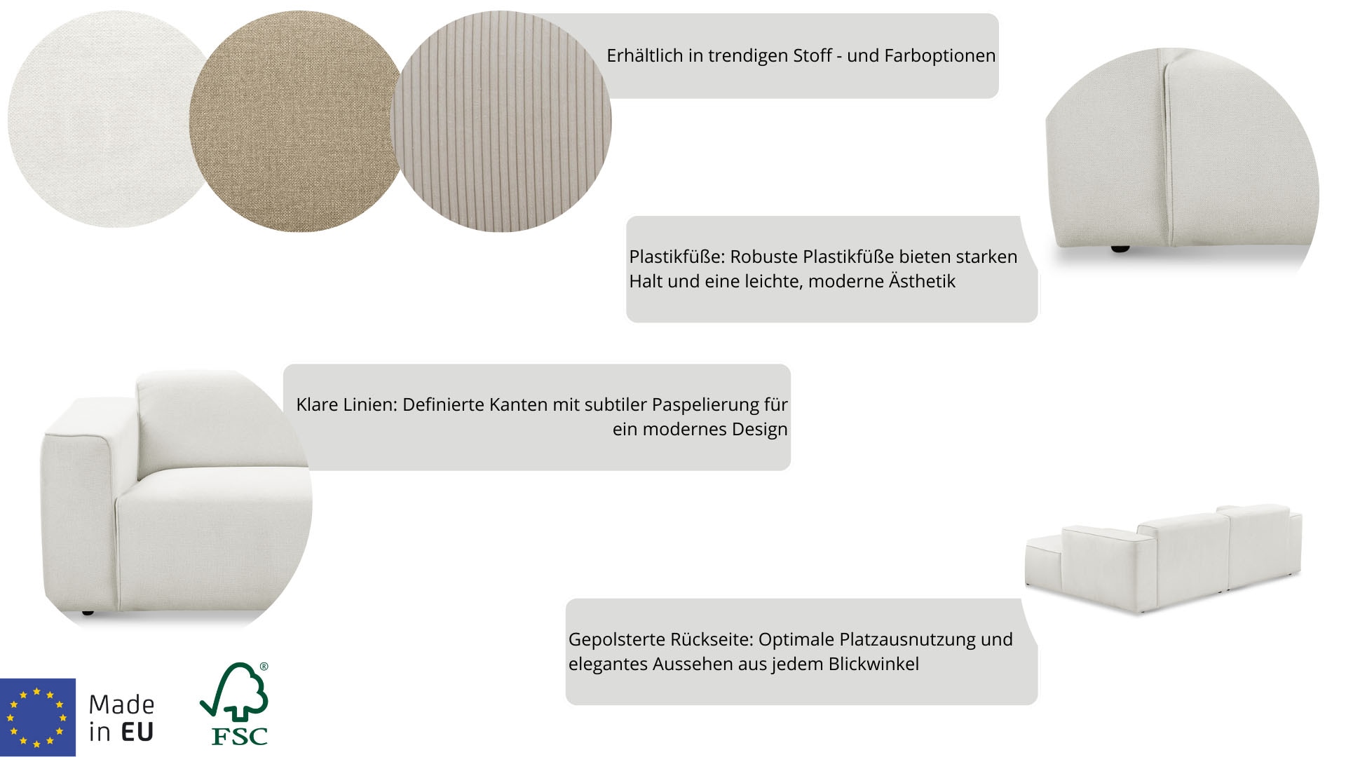 andas Ecksofa »Noord mit Kedernaht, Breite 234 cm«