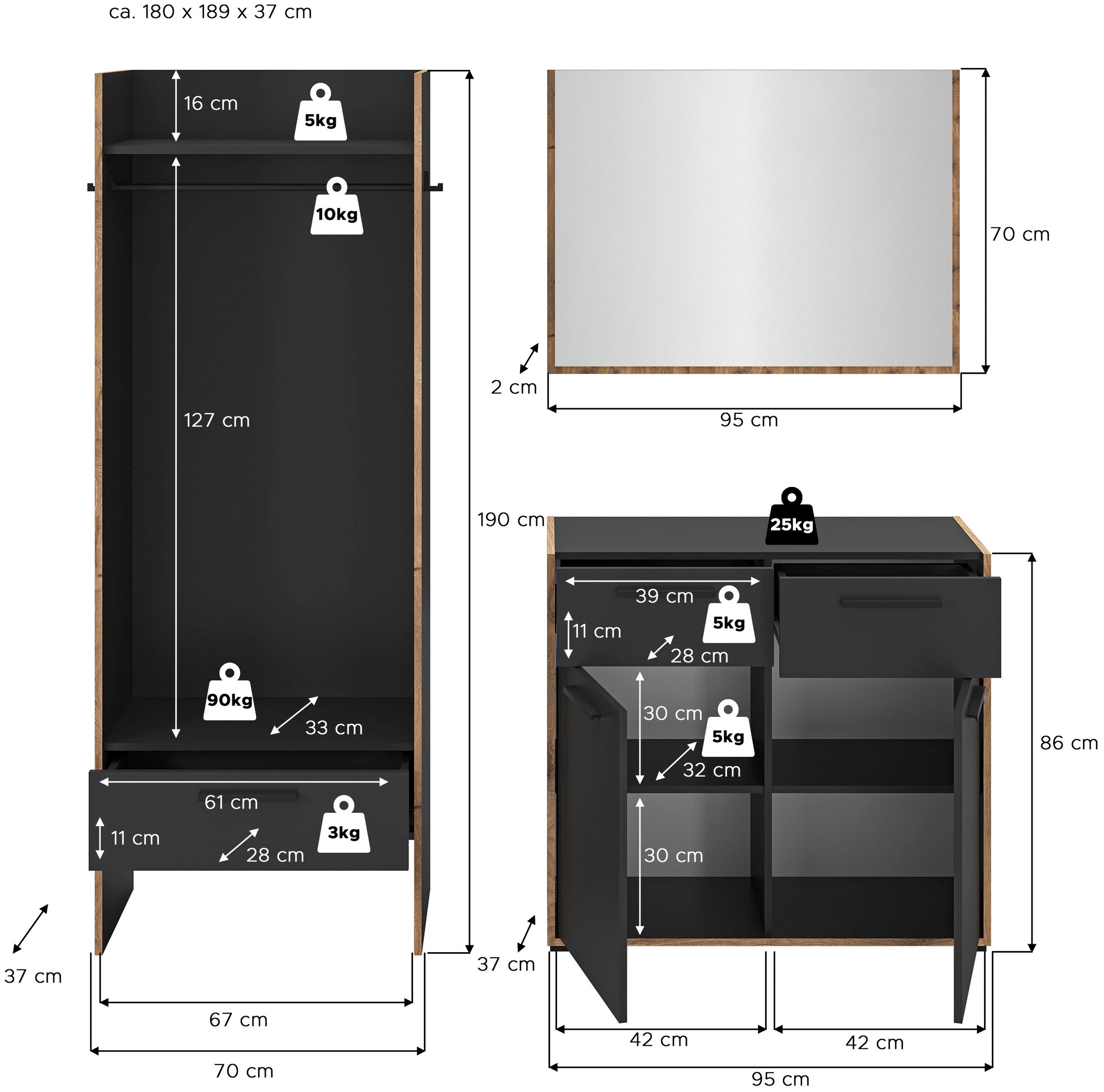 INOSIGN Garderoben-Set »MUSTA, 3-teilig: Garderobenschrank, Kommode & Garderobenspiegel«
