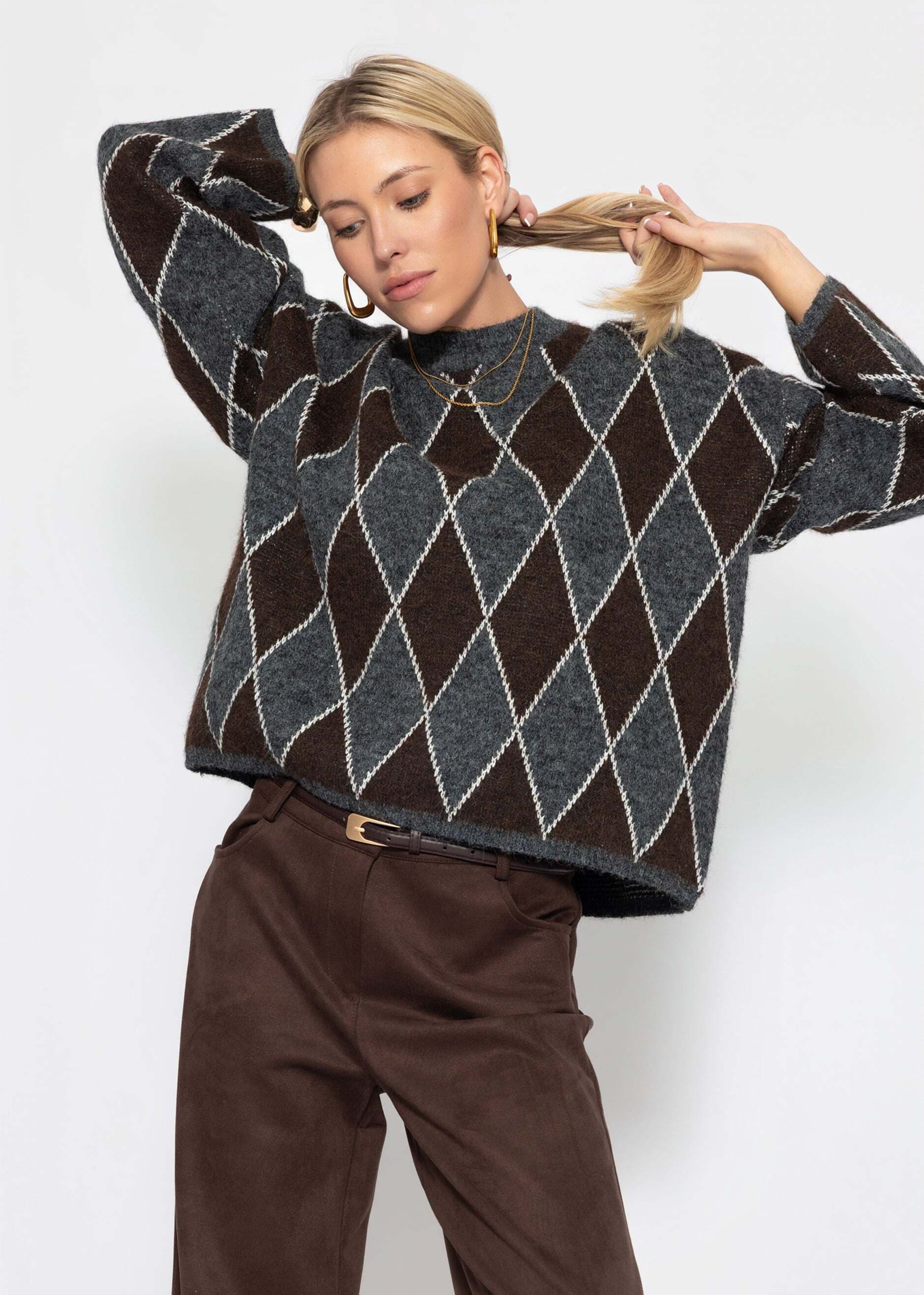 SASSYCLASSY Strickpullover »Oversize Strickpullover mit Rautenmuster« Lässiges Oberteil in Grau Braun