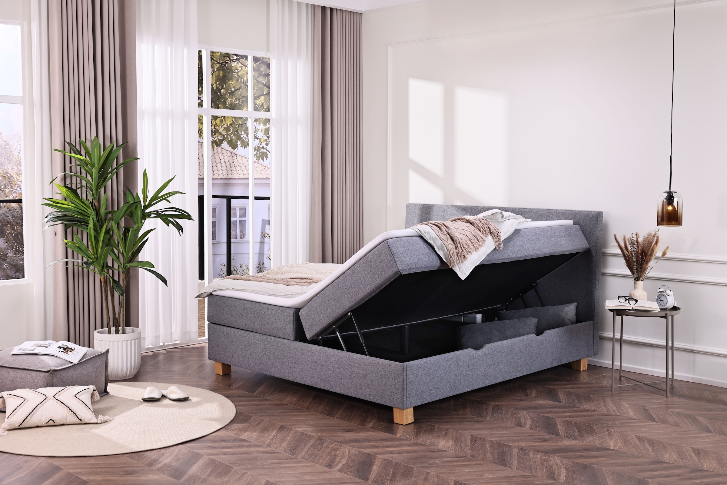 Home affaire Boxbett »Oyré inkl. Bettkasten, Topper und 2 gratis Kissen, 180x200 cm« mit Holzfüße in eichefarben