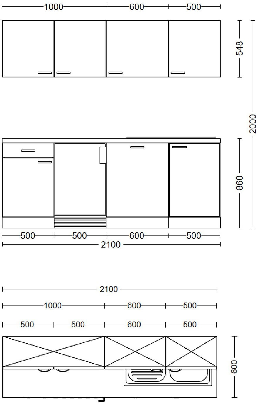 Flex-Well Küchenzeile »Florenz, Breite 210 cm, inkl. Geschirrspüler«, Officeküche, wahlweise mit oder ohne Mikrowelle