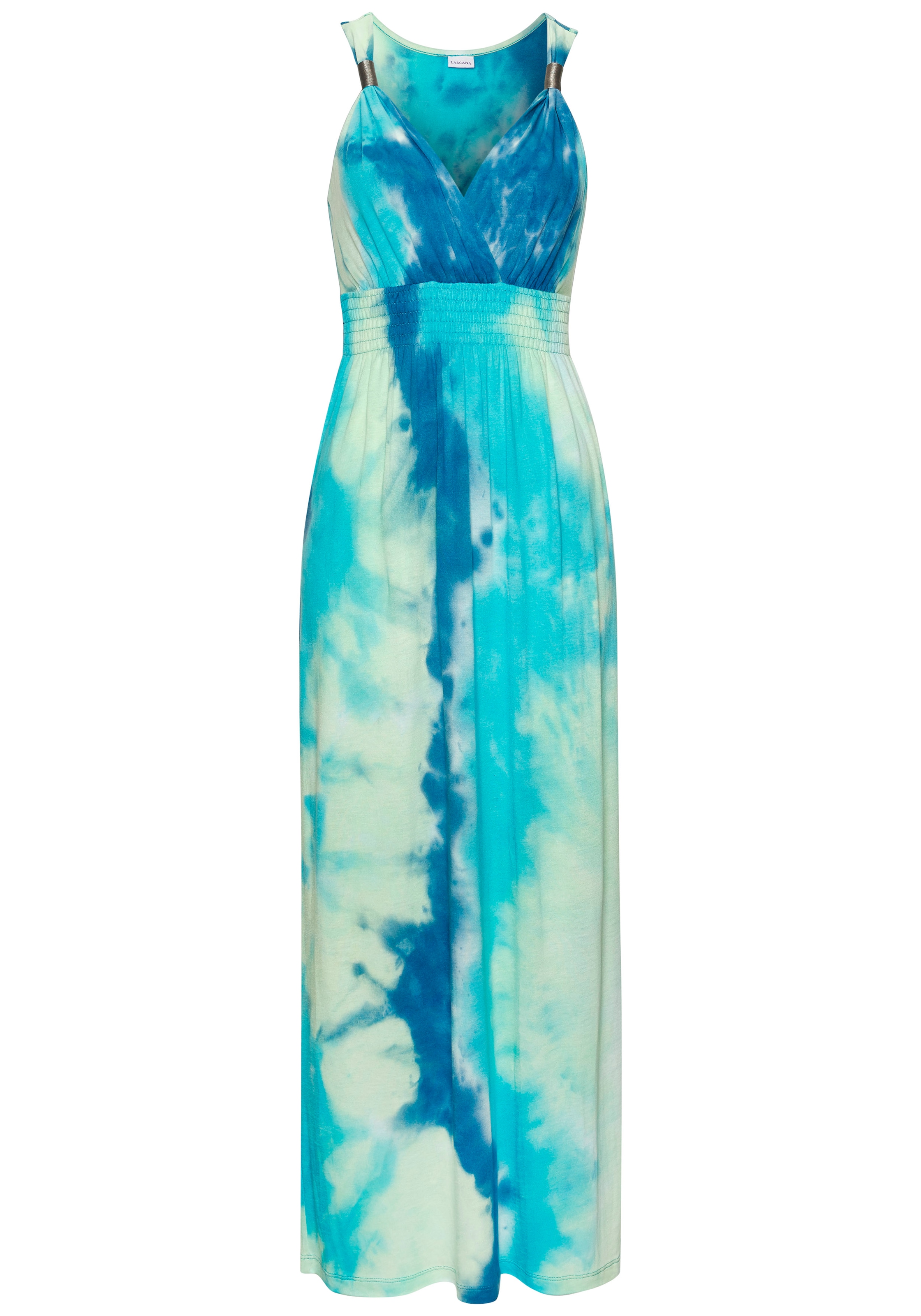 LASCANA Maxikleid, mit Batikdruck und verstellbarem Ausschitt, Sommerkleid, Strandkleid