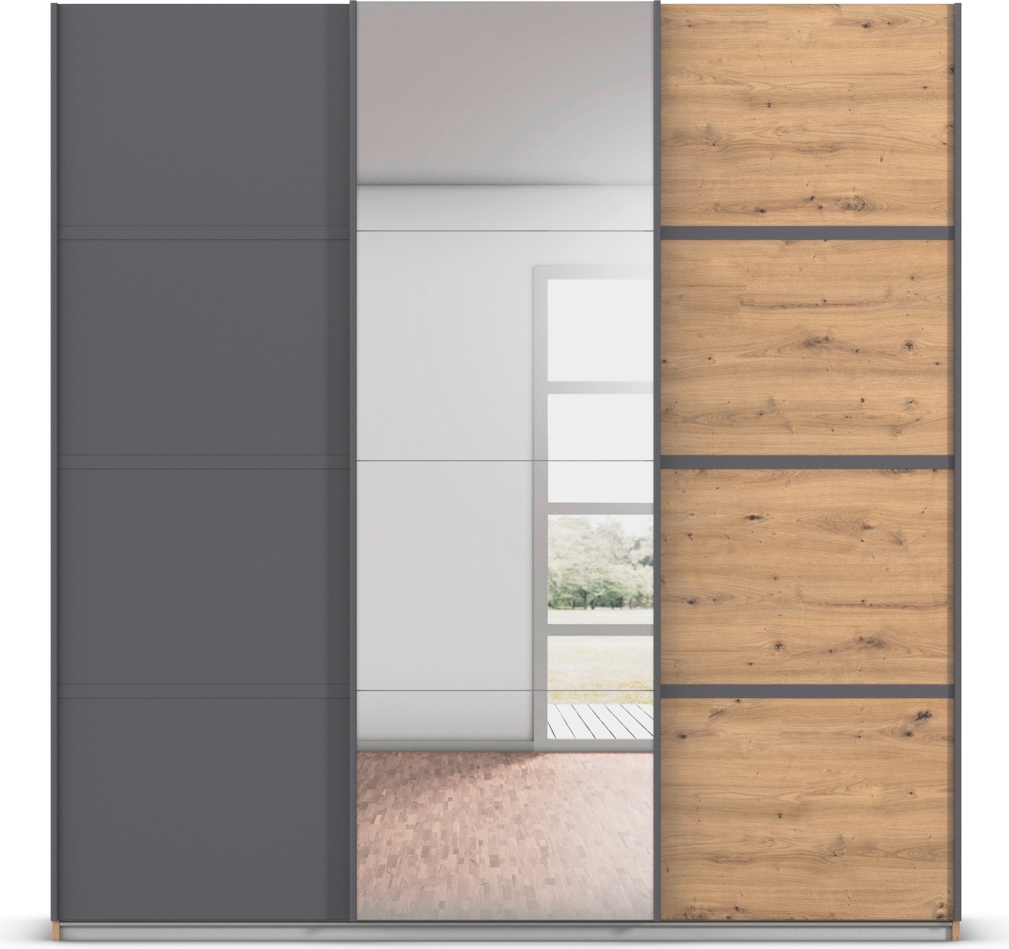 rauch Kleiderschrank »Schwebetürenschrank OTTO´s Choice Garderobe Schrank TOP ANGEBOT Avola«, (in 3 verschiedenen Ausstattungen BASIC/CLASSIC/PREMIUM inkl. Spiegel), mit eleganten Zierleisten in Chrom, Schwarz oder Weiß MADE IN GERMANY