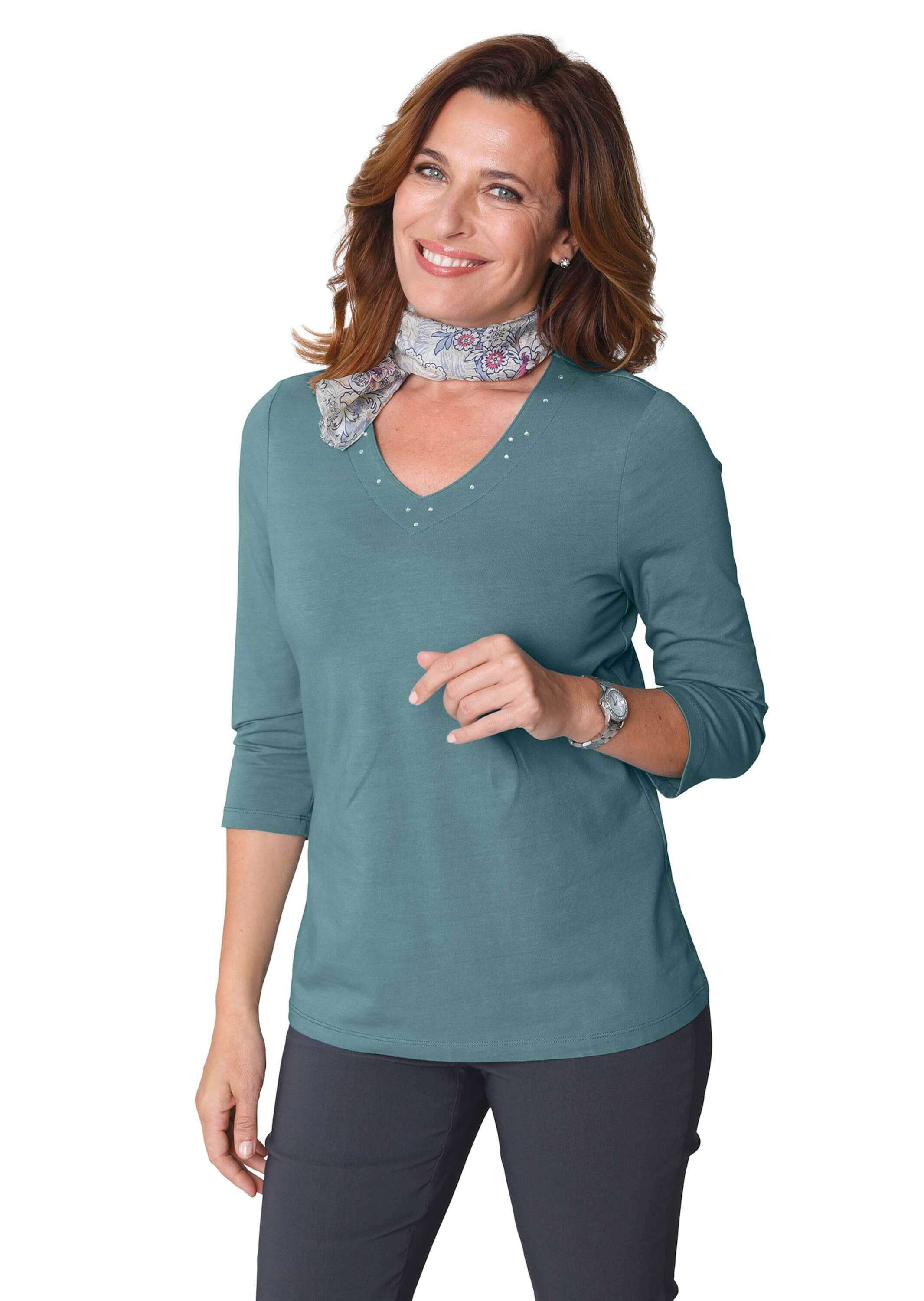 GOLDNER 3/4-Arm-Shirt »T-Shirt mit charmantem Ausschnitt und Schmucksteinchen« Formschöner V-Ausschnitt mit Glitzersteinen