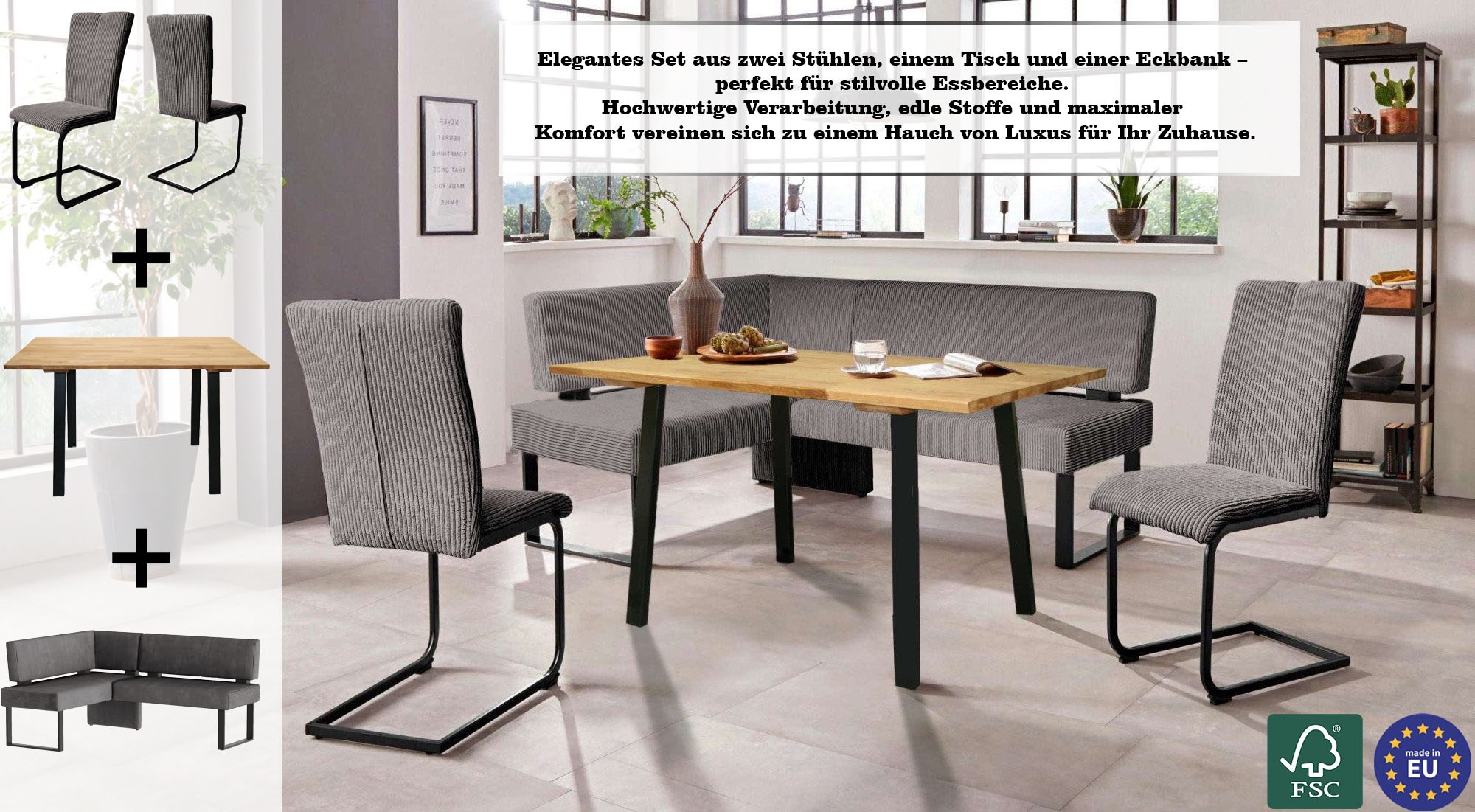 Home affaire Eckbankgruppe »Oliver« Set, 4-tlg, 4 Stk. tlg. Eckbank mit Wellenunterfederung im Sitz, Tisch Massiv Eiche