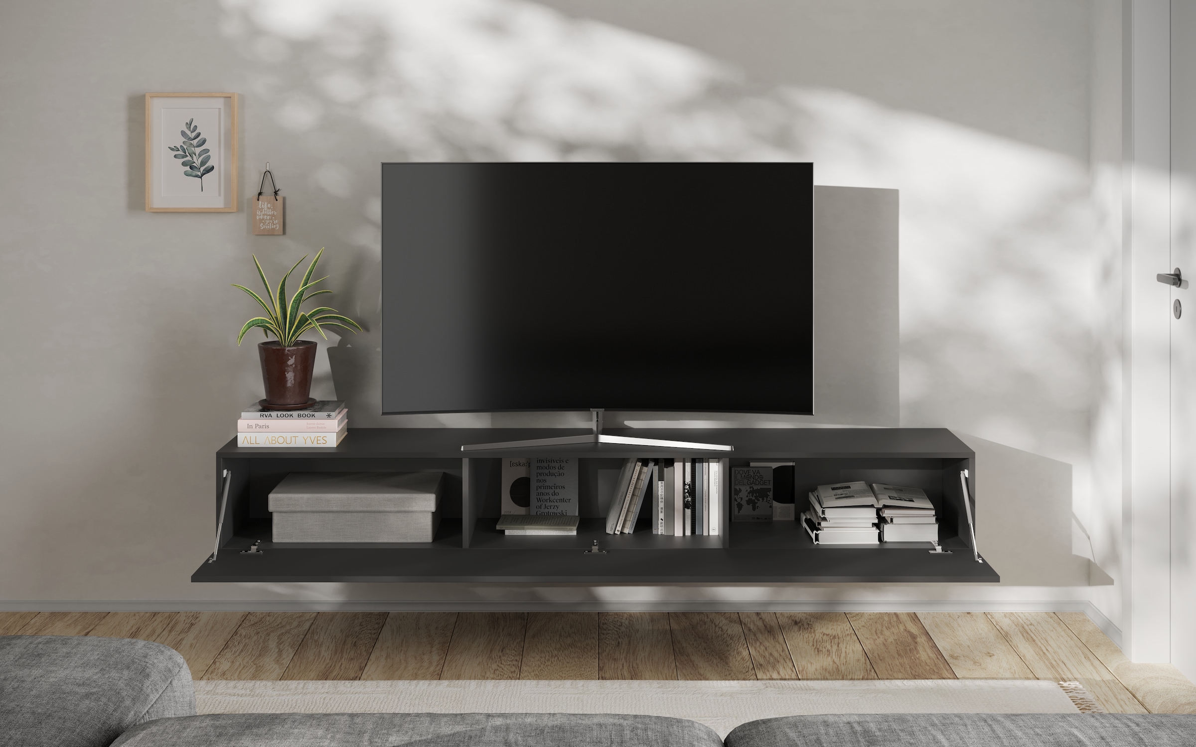 INOSIGN Lowboard »Snake Breite 210 cm, modernes TV-Board hängend mit 1 Klappe,«, TV-Möbel, TV-Schrank, Front mit Siebdruck