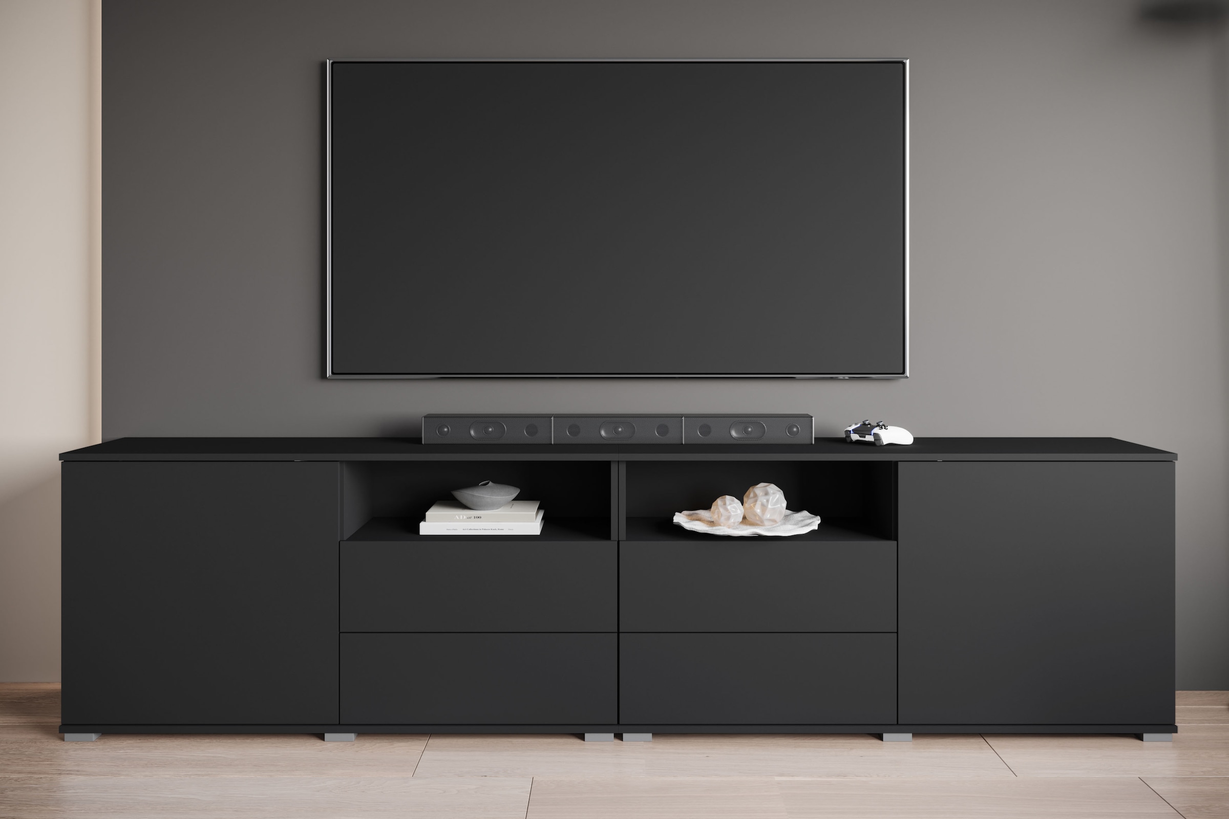 OTTO home Lowboard »Kenia, TV-Schrank, 240 cm breit, mit 2 Türen und 4 Schubladen« 1 Stk. tlg. Höhenverstellbare Einlegeböden und offene Ablagefächer
