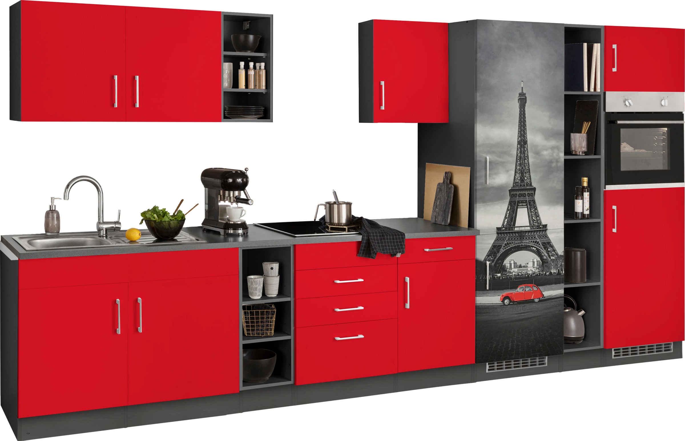 KOCHSTATION Küchenzeile »KS-Paris – Küchen mit einzigartigen Fotomotiven auf den Fronten« Breite 390 cm, wahlweise mit E-Geräten und Induktion
