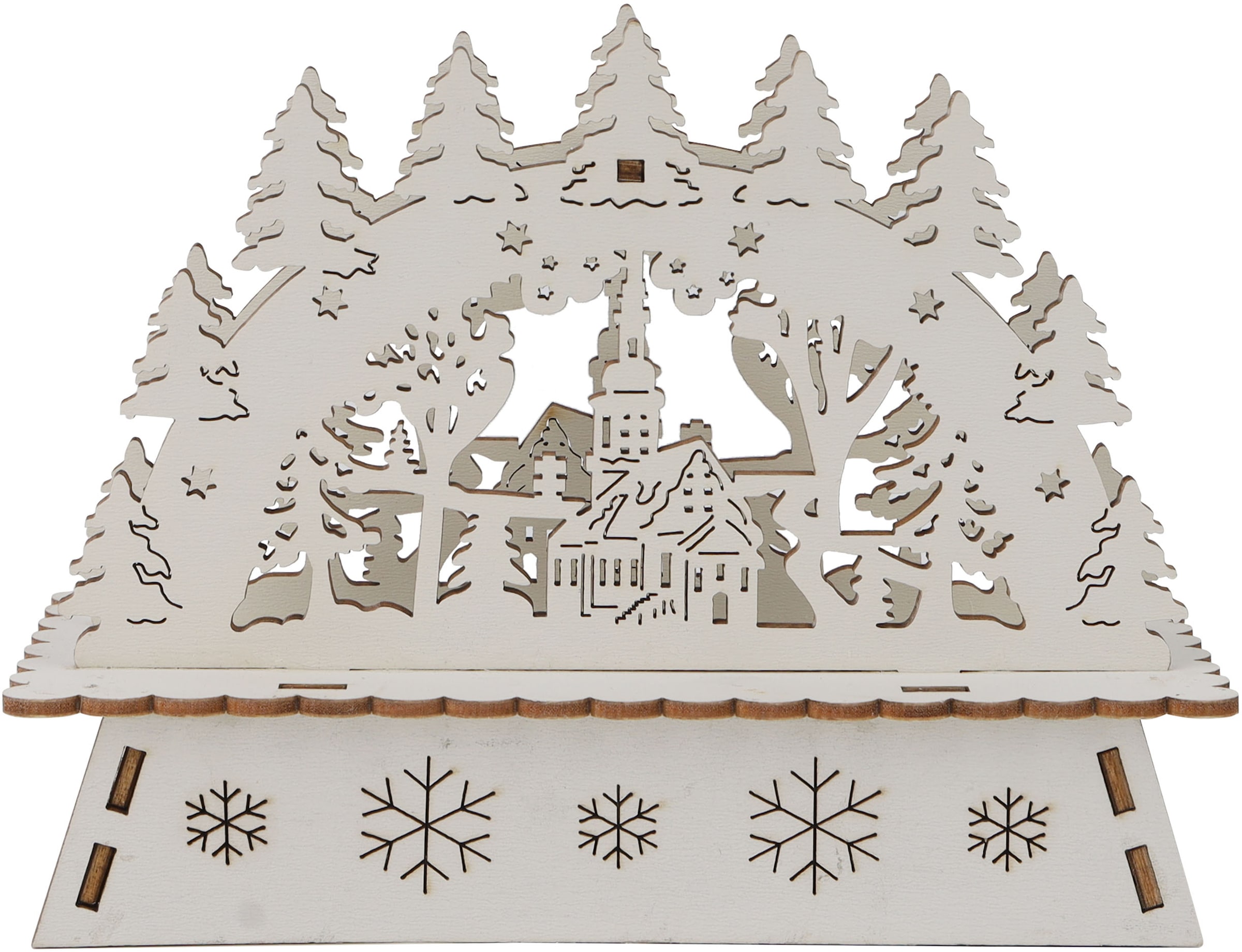 OTTO home LED Schwibbogen »Weihnachtsdeko mit LED-Licht« 1 Dorfkirche mit verschneitem Tannenwald, Batterien, Höhe 11,2 cm