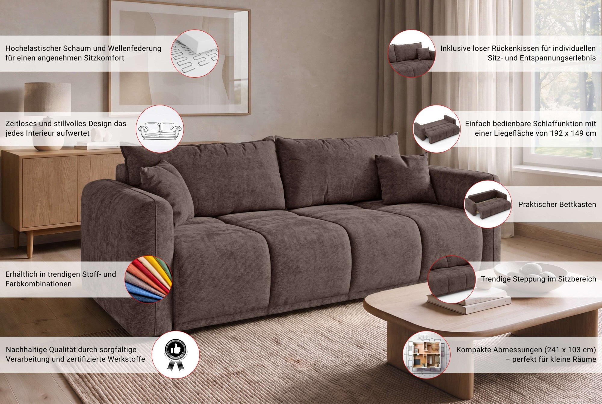 OTTO home 3-Sitzer »LOXXA Schlafsofa mit Bettkasten, komfortables Sitzgefühl, Breite 241cm« Liegefläche 150x192cm, inklusive Rückenkissen, moderne Steppung