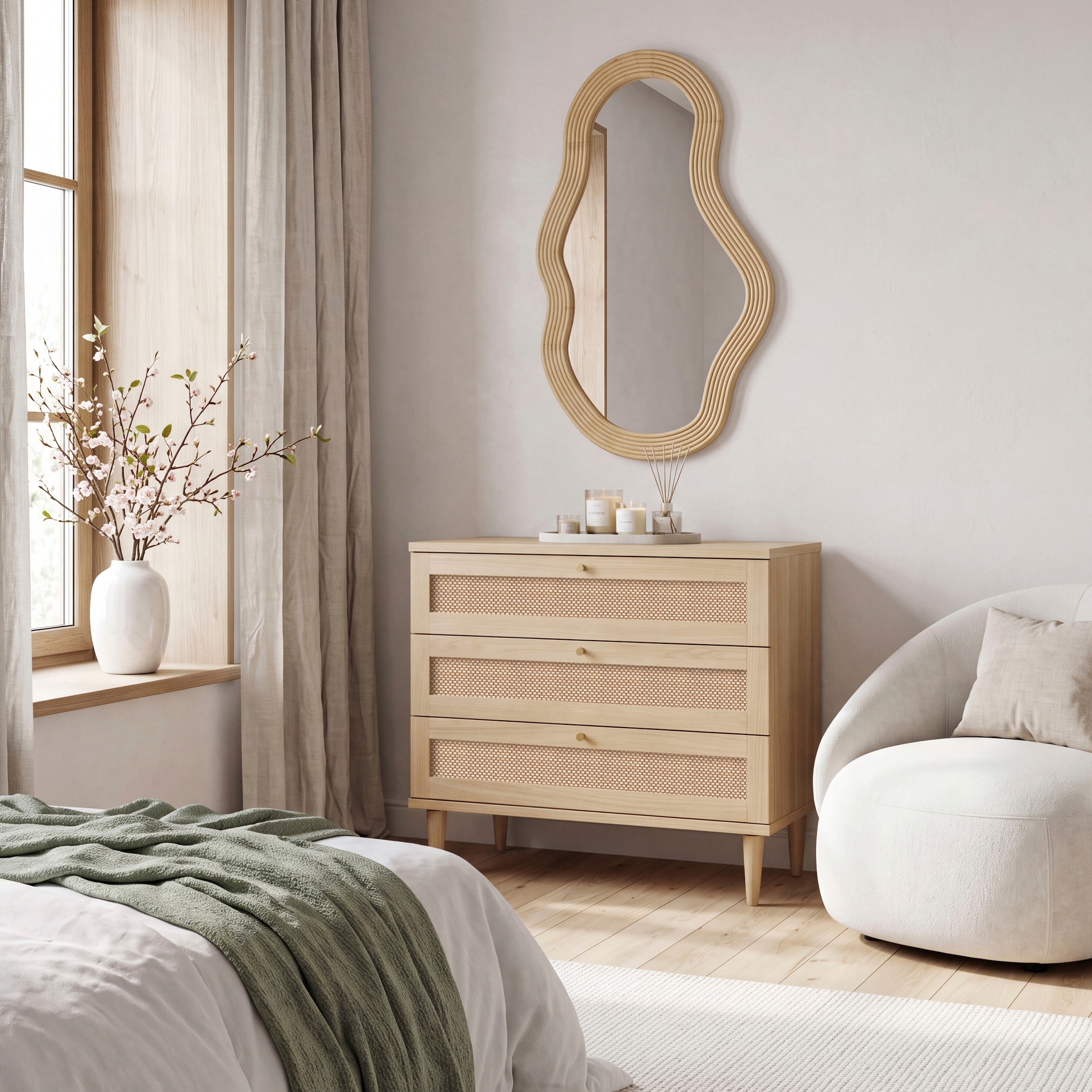 OTTO home Kommode »ELLIAN mit Geflechtoptik warmes Holzdekor, 3 Schubkästen« Holzfüße, Metallgriffe, Made in EU, viel Stauraum