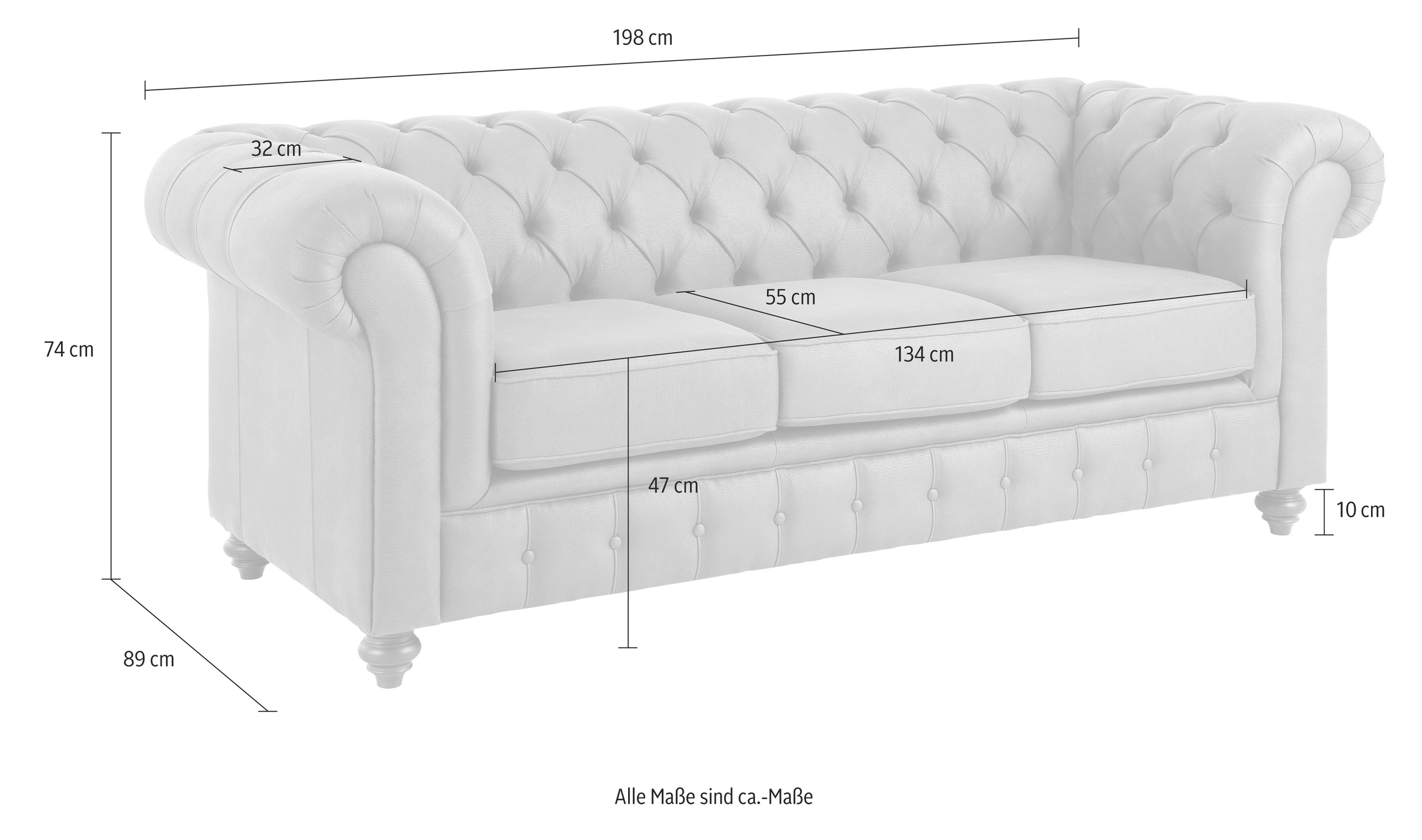 Home affaire Chesterfield-Sofa »Chesterfield 3-Sitzer  B/T/H: 198/89/74 cm« mit hochwertiger Knopfheftung , auch in Leder