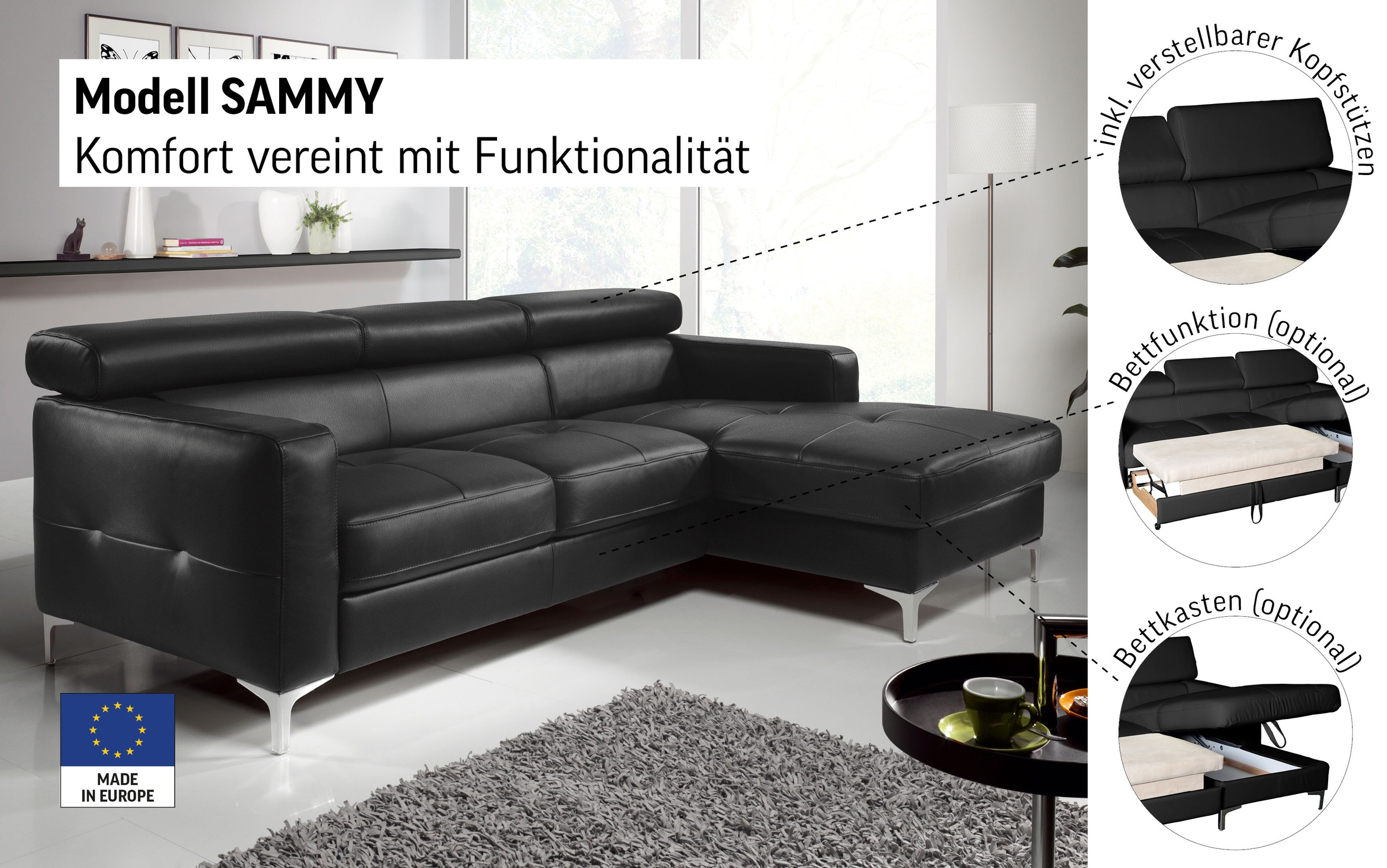 COTTA Ecksofa »Sammy L-Form« mit Kopfteilverstellung, wahlweise mit Bettfunktion & Bettkasten