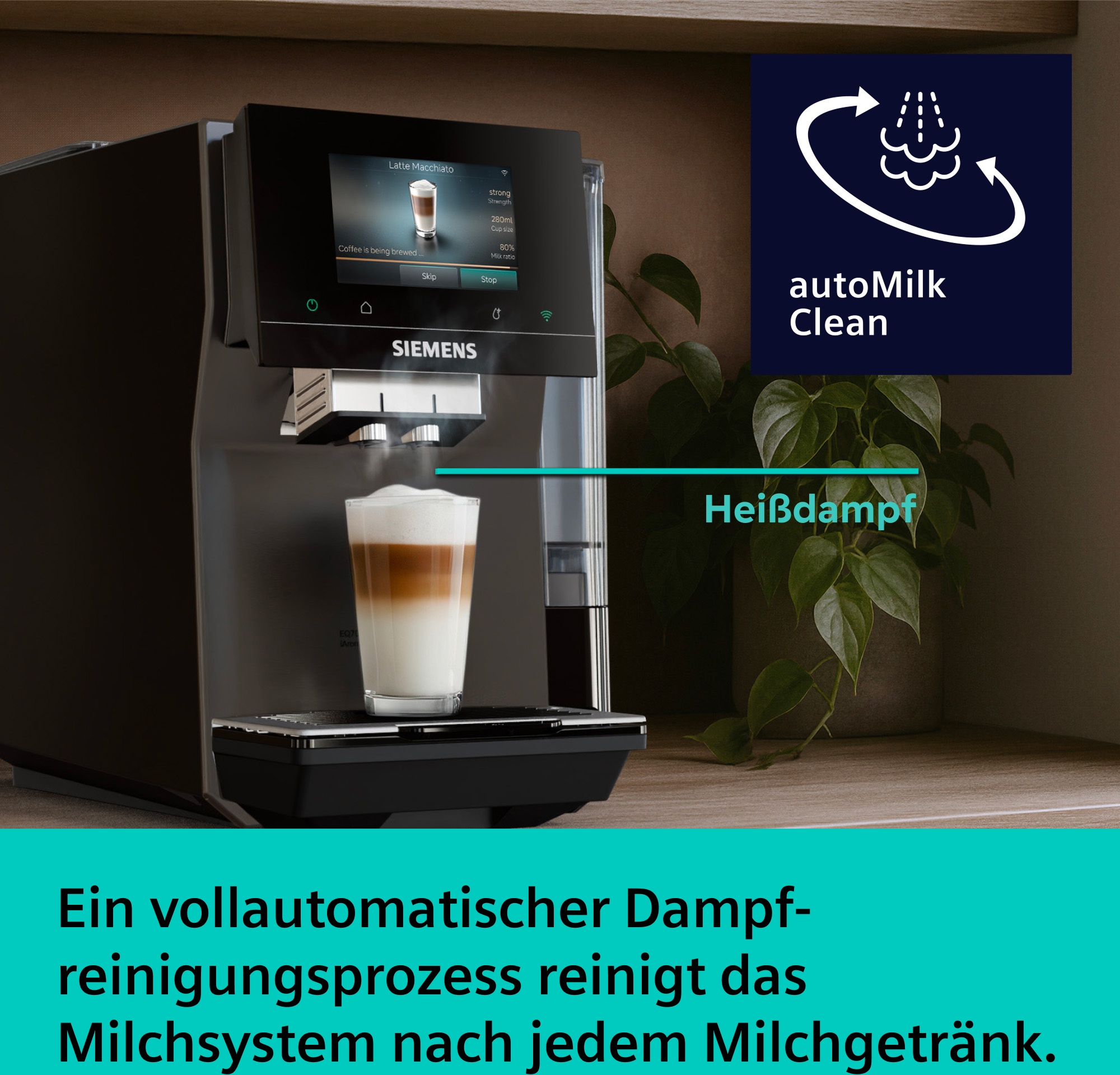 SIEMENS Kaffeevollautomat »EQ700 TP725E01, 41 verschiedene Getränke, XL-Getränke, 20 Favoriten« farbiges Full-Touch-Display, Doppeltassenfunktion, sehr leise, grau