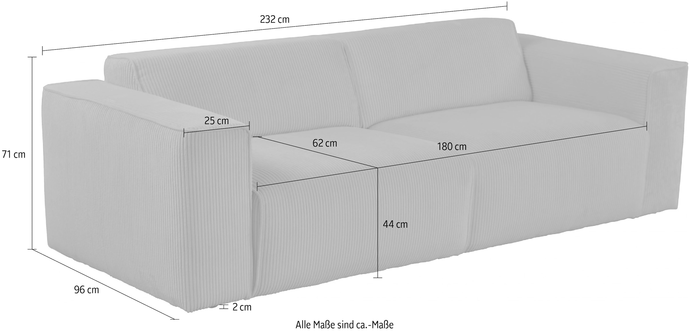 andas 3-Sitzer »Noord, 232cm,«, mit Kedernaht, Cord, Luxus-Microfaser, Struktur, Struktur grob