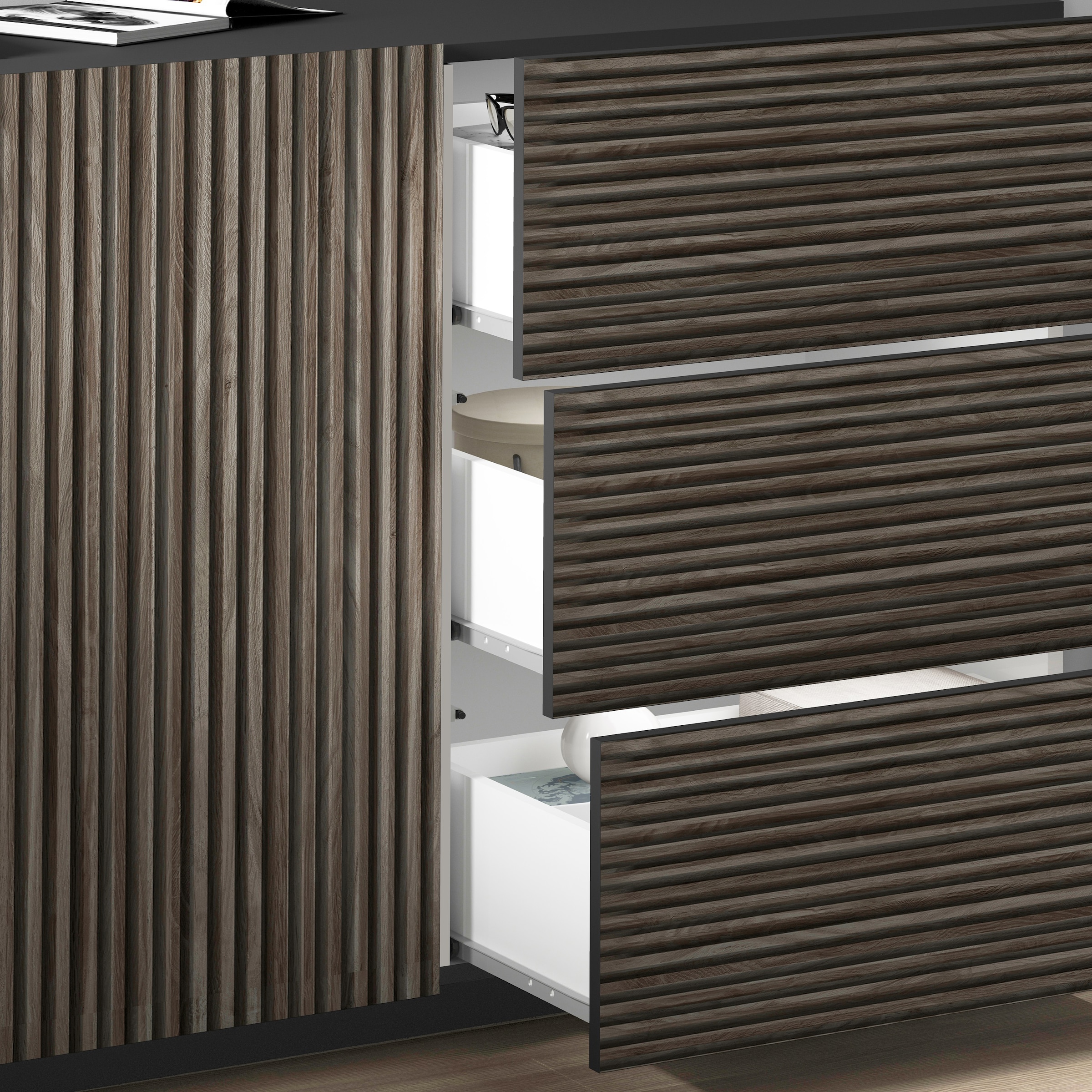 Home affaire Sideboard »Vega Sideboard,Kommode,220 cm« mit 4 Türen und 3 Schubladen,Fronten mit Rillen-Optik