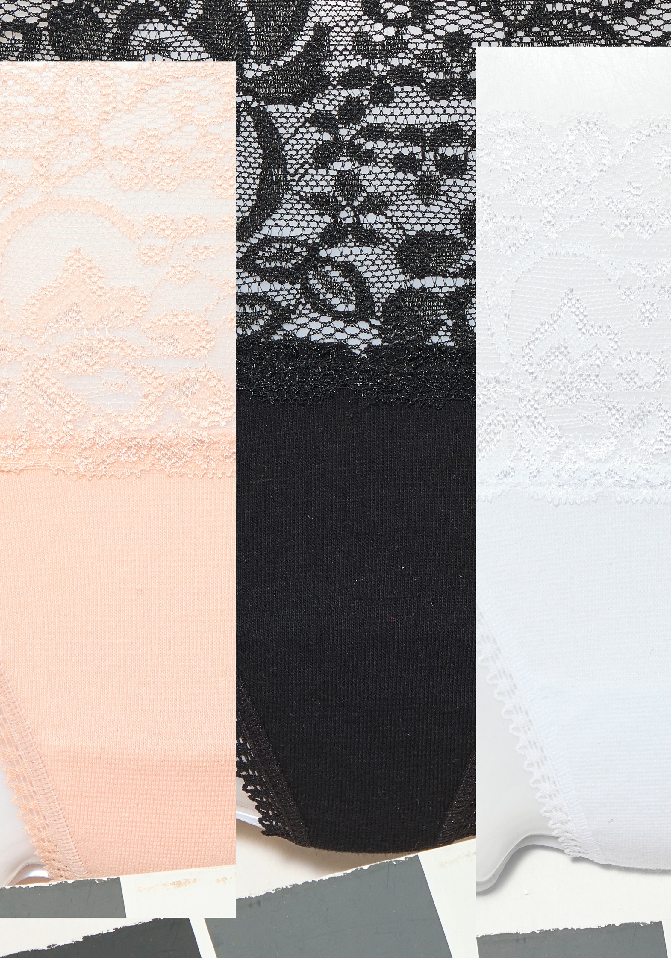 Vivance String 3er-Pack,  aus elastischer Baumwolle mit floraler Spitze