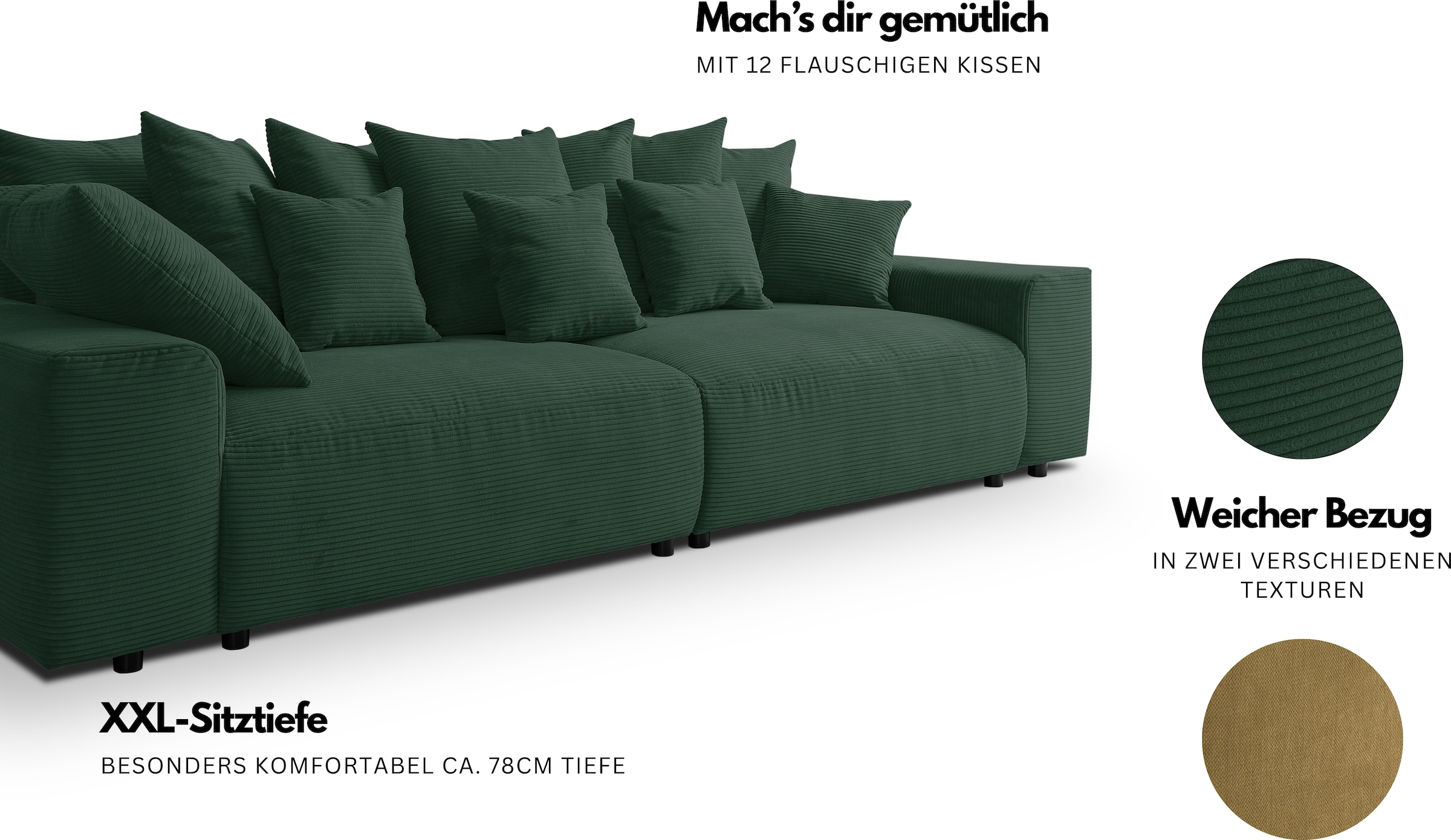 WERK2 Big-Sofa »Maxi B, Breite 290 cm«, Maximaler Kuschelkomfort: XXL-Sofa mit 78 cm Sitztiefe & 12 Kissen