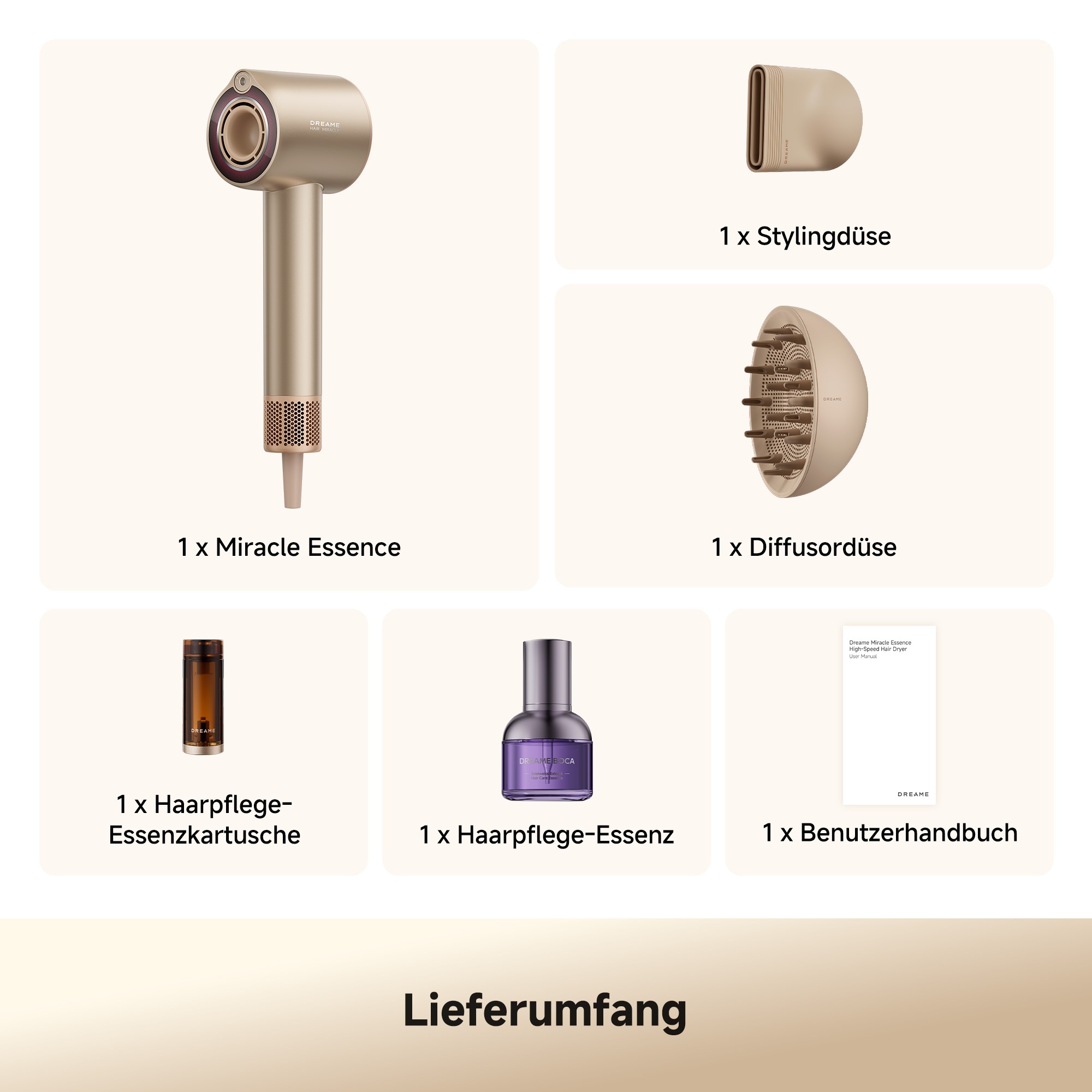 Dreame »Miracle Essence« 1.600 W 2 Aufsätze Essenz-Mikronebel, Rotlichtpflege, Anti-Frizz-Ionen