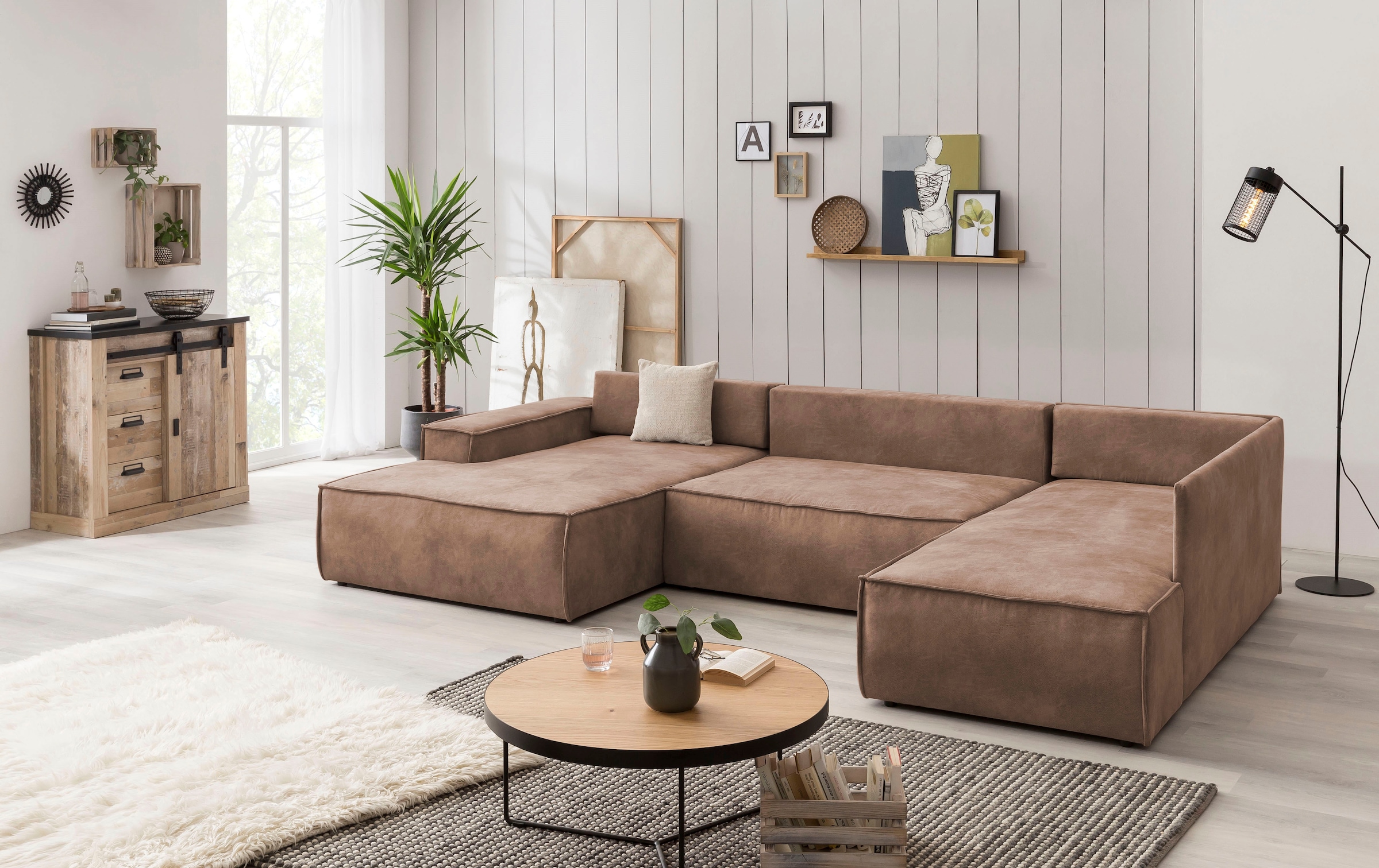 OTTO home Wohnlandschaft »SHERWOOD Vintage Lederoptik U-Form, 329 cm« Schlaffunktion m. Bettkasten (194x139 cm), Cord, Vintage, Samtvelours