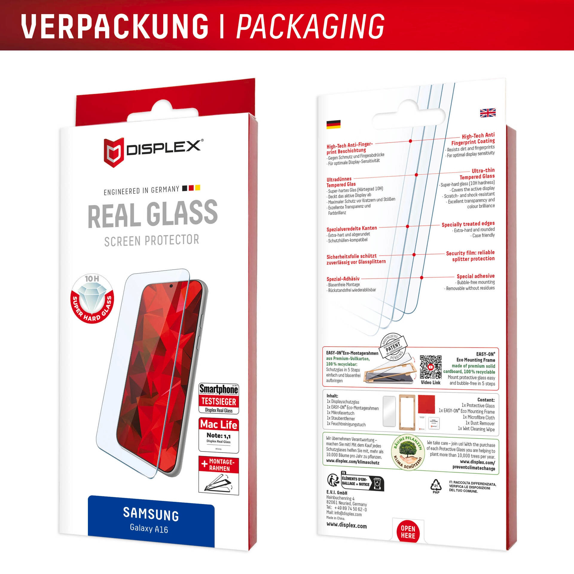 Displex Displayschutzglas »Real Glass«, für Samsung Galaxy A16, Displayschutzfolie, Schutzfolie, Bildschirmschutz, kratz- & stoßfest
