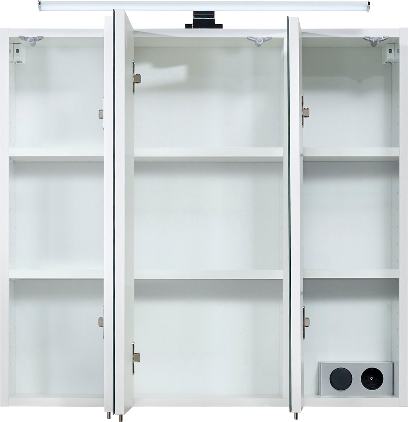 Saphir Spiegelschrank »Quickset 360 Badschrank, 3 Spiegeltüren, 6 Einlegeböden, 75 cm breit«, inkl. LED-Beleuchtung, Türdämpfer, Schalter-/Steckdosenkombination