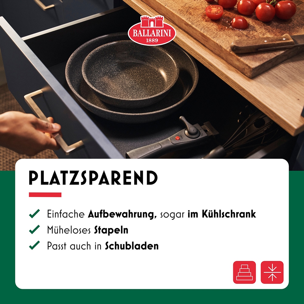BALLARINI Pfannen-Set »Bratpfanne Torre«, Aluminium, (Set, 4 tlg., 1 Griff, 1 Bratpfanne 28 cm, 1 Bratpfanne 24 cm, 1 Stieltopf 16 cm), Abnehmbarer Griff, Keramikbeschichtung, Made in Italy, stapelbar
